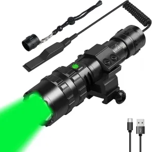 WINDFIRE Green Light Flashlight for Hunting 350 Yards Predator Coyote Hog Lights Tactical Flashlights USB Rechargeable with Picatinny Rail Mount, Remote Pressure Switch