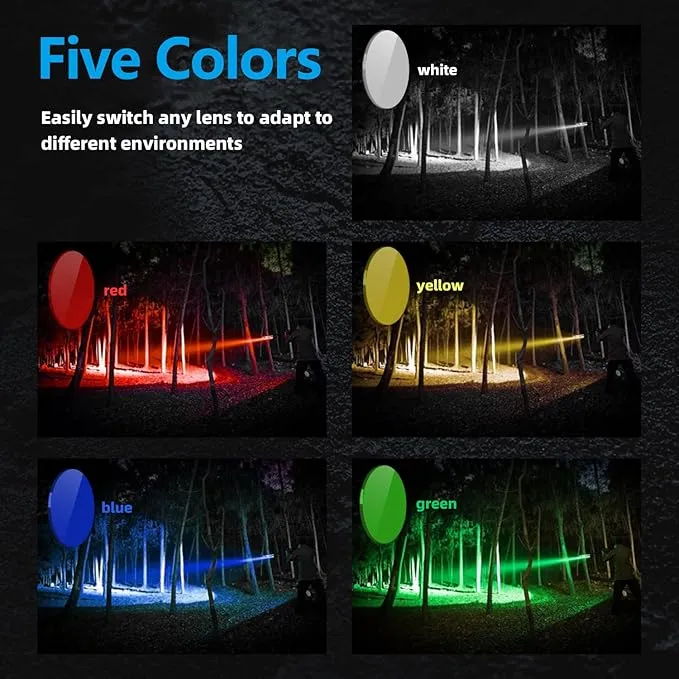 WINDFIRE Multicolor Flashlight 5 in 1 LED Tactical Rechargeable Flashlights High Lumens White Red Green Blue Yellow Light Multicolor Lens 4 Modes Zoomable Flashlight for Camping Hiking Fishing Hunting
