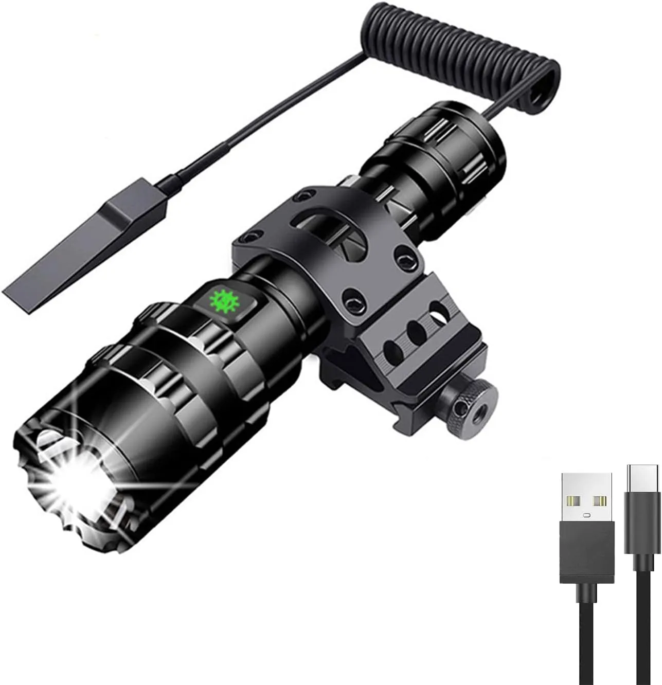 WINDFIRE Tactical Flashlight Ultra Bright USB Rechargeable, 5 Modes Rifle Flash Light, Bright Military Torch Rifle Light with Picatinny Rail Mount and Pressure Switch, for Outdoor, Hiking