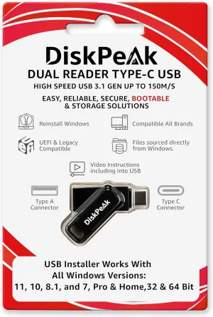 Windows 11 USB Installer & Window 10 Home Bootable Flash Drive - All in One OS Installation Media for PC, 32 & 64 bit Software, Win 8 & 7 - Dual Reader Type C & A (Key Not Included)