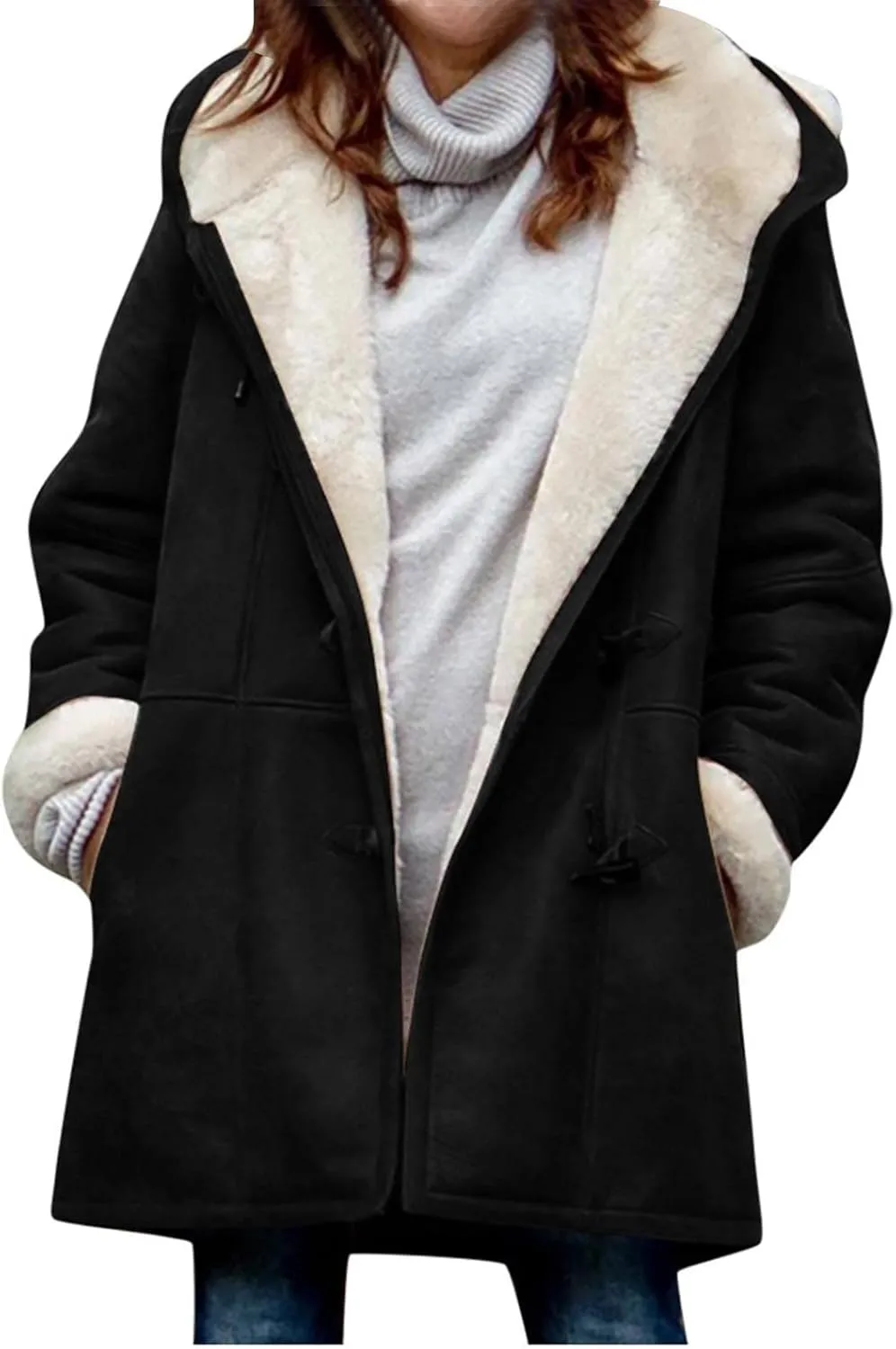 Winter Jackets for Women Sherpa Lined Suede Coat Thick Hooded Jacket Plus Size Parka Coat Warm Outerwear with Pockets