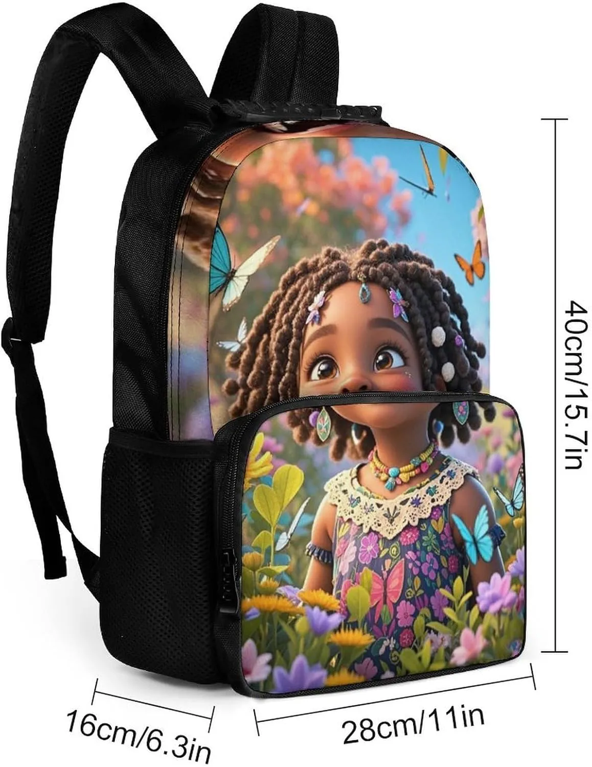 Women Men Polyester Colorful Afro American Black Woman With Butterflies Art Casual Daypack Large Capacity Bookbag With Side Pockets for Sports Picnic Walking Cycling