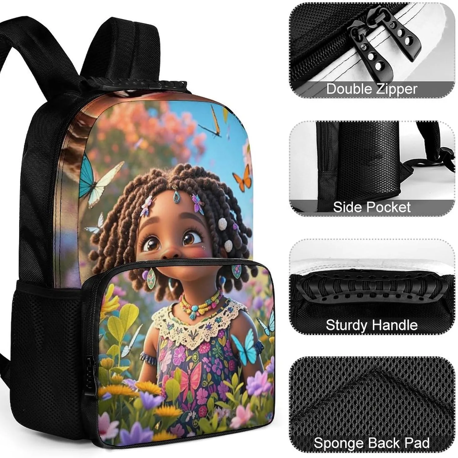 Women Men Polyester Colorful Afro American Black Woman With Butterflies Art Casual Daypack Large Capacity Bookbag With Side Pockets for Sports Picnic Walking Cycling