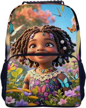 Women Men Polyester Colorful Afro American Black Woman With Butterflies Art Casual Daypack Large Capacity Bookbag With Side Pockets for Sports Picnic Walking Cycling