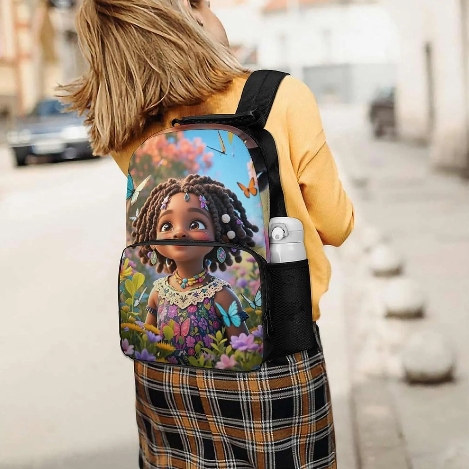 Women Men Polyester Colorful Afro American Black Woman With Butterflies Art Casual Daypack Large Capacity Bookbag With Side Pockets for Sports Picnic Walking Cycling