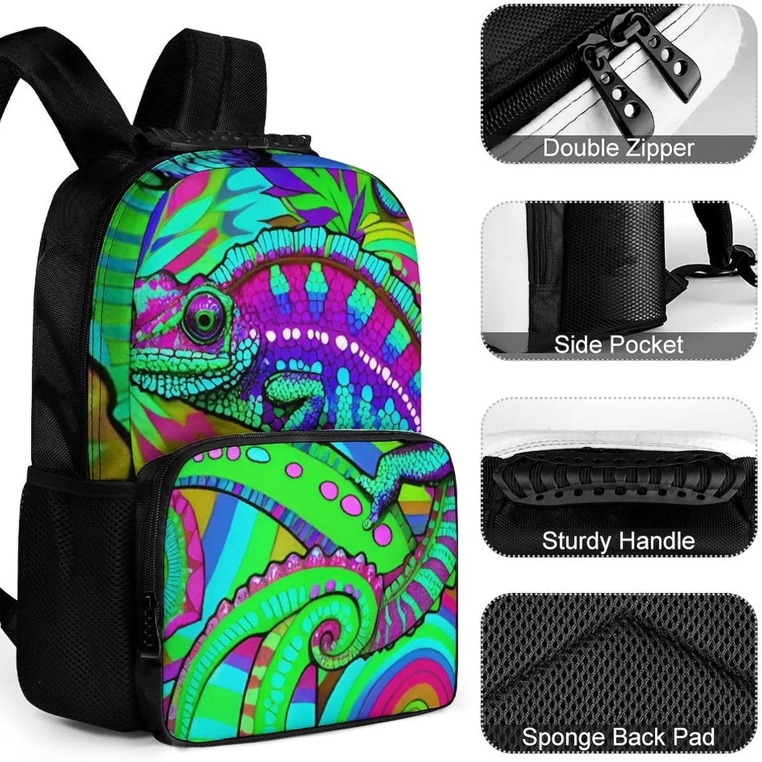 Women Men Polyester Psychedelic Rainbow Chameleon Art Casual Daypack Large Capacity Bookbag With Side Pockets for Sports Picnic Walking Cycling