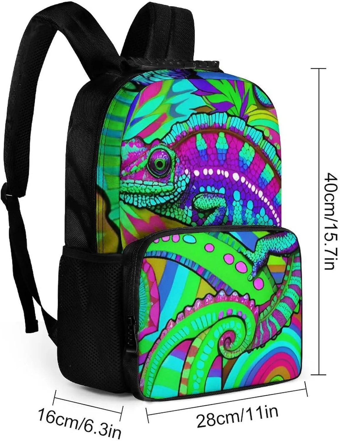 Women Men Polyester Psychedelic Rainbow Chameleon Art Casual Daypack Large Capacity Bookbag With Side Pockets for Sports Picnic Walking Cycling