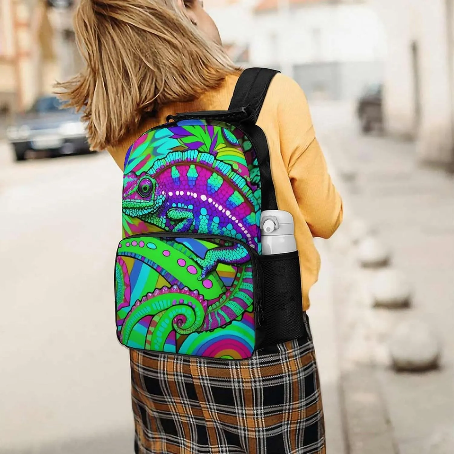 Women Men Polyester Psychedelic Rainbow Chameleon Art Casual Daypack Large Capacity Bookbag With Side Pockets for Sports Picnic Walking Cycling