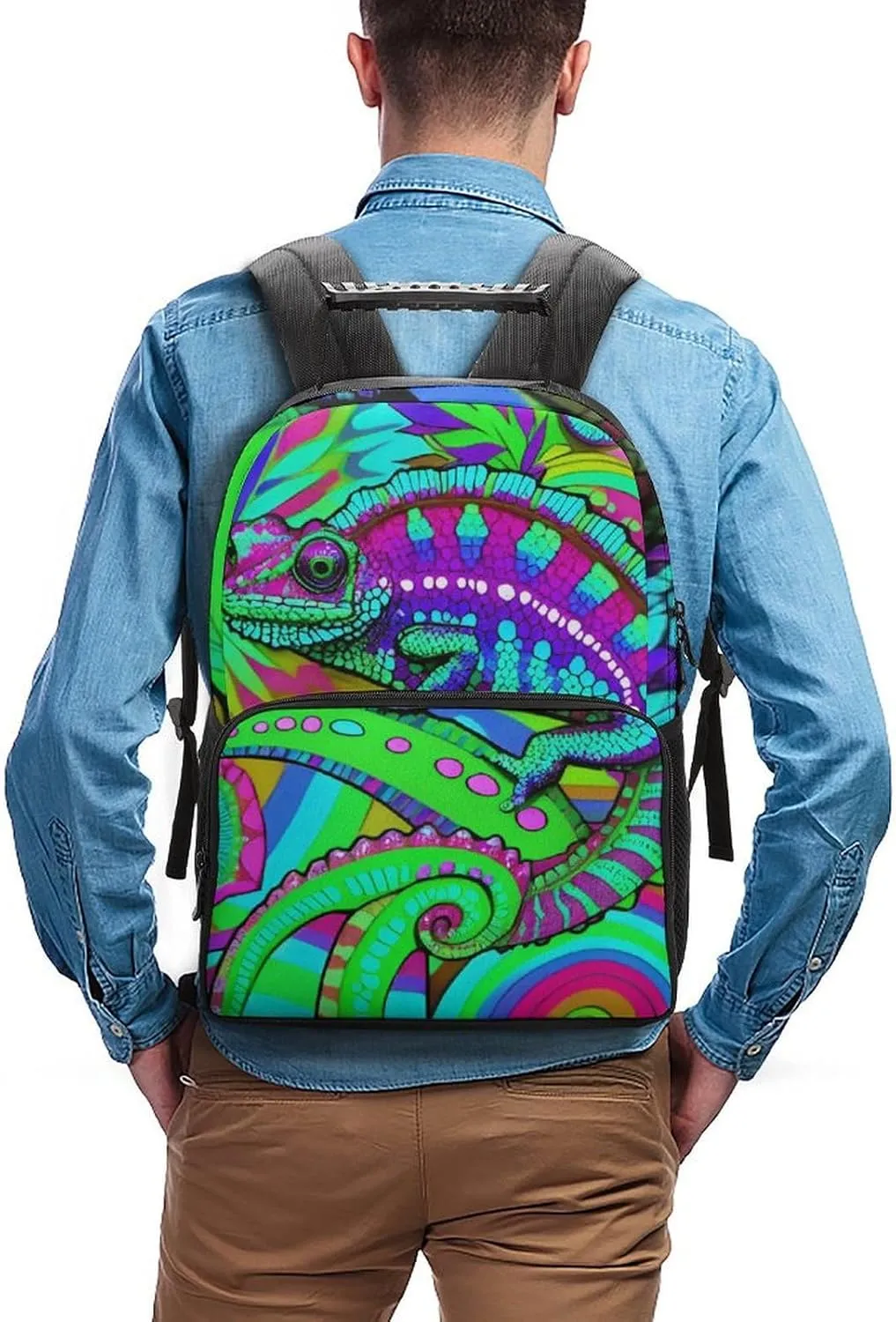 Women Men Polyester Psychedelic Rainbow Chameleon Art Casual Daypack Large Capacity Bookbag With Side Pockets for Sports Picnic Walking Cycling
