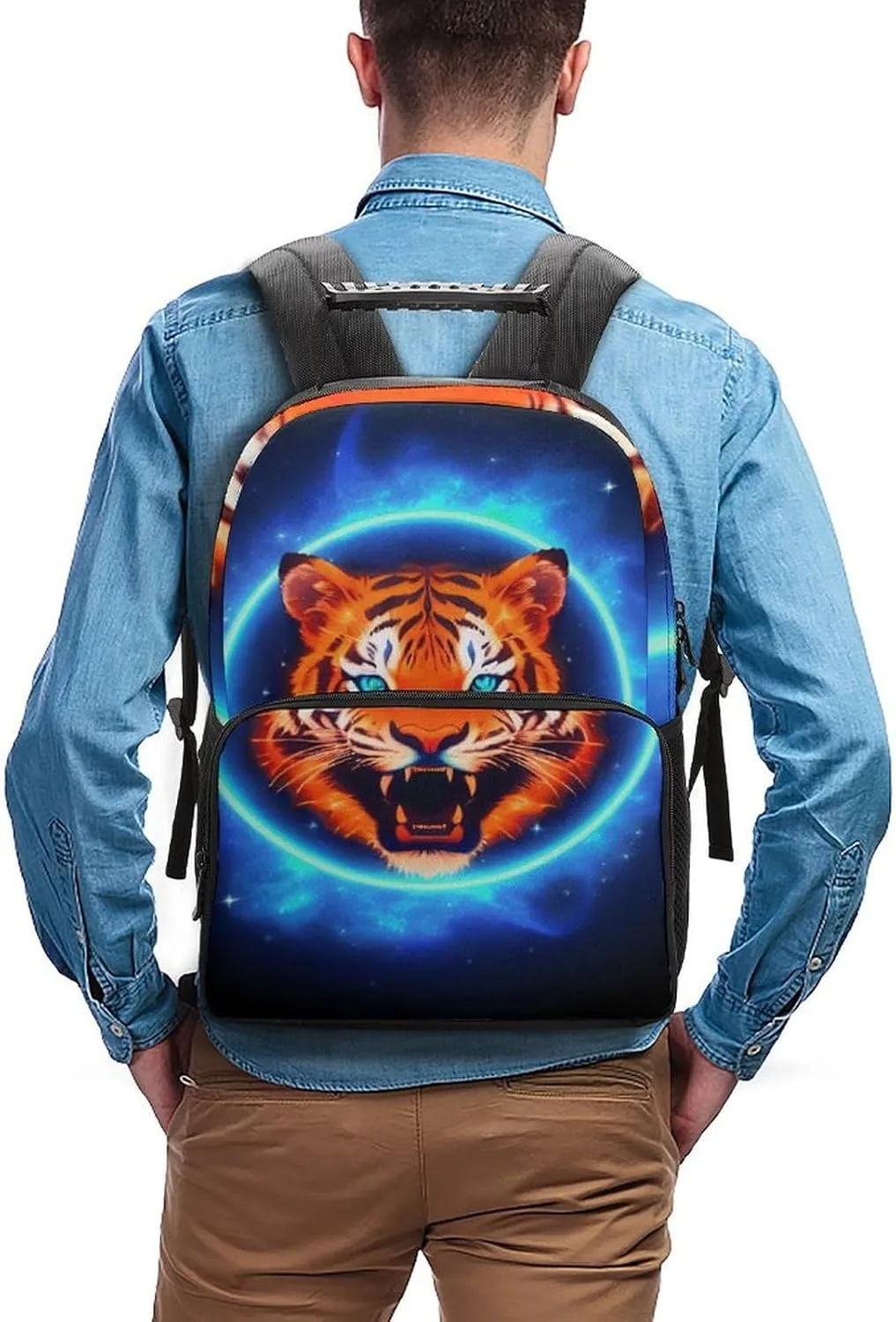 Women Men Polyester Space Tiger Psychedelic Blue Fire Art Casual Daypack Large Capacity Bookbag With Side Pockets for Sports Picnic Walking Cycling