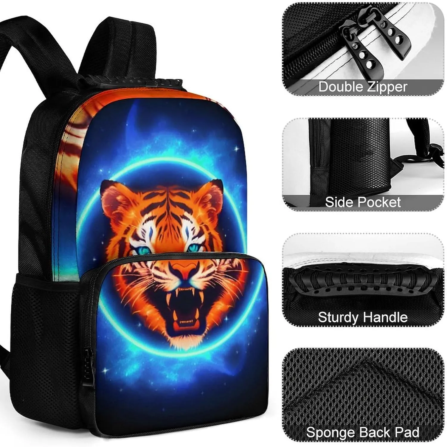Women Men Polyester Space Tiger Psychedelic Blue Fire Art Casual Daypack Large Capacity Bookbag With Side Pockets for Sports Picnic Walking Cycling