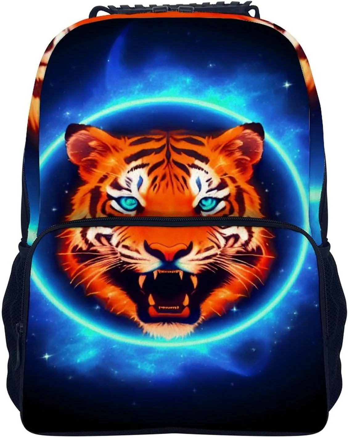 Women Men Polyester Space Tiger Psychedelic Blue Fire Art Casual Daypack Large Capacity Bookbag With Side Pockets for Sports Picnic Walking Cycling