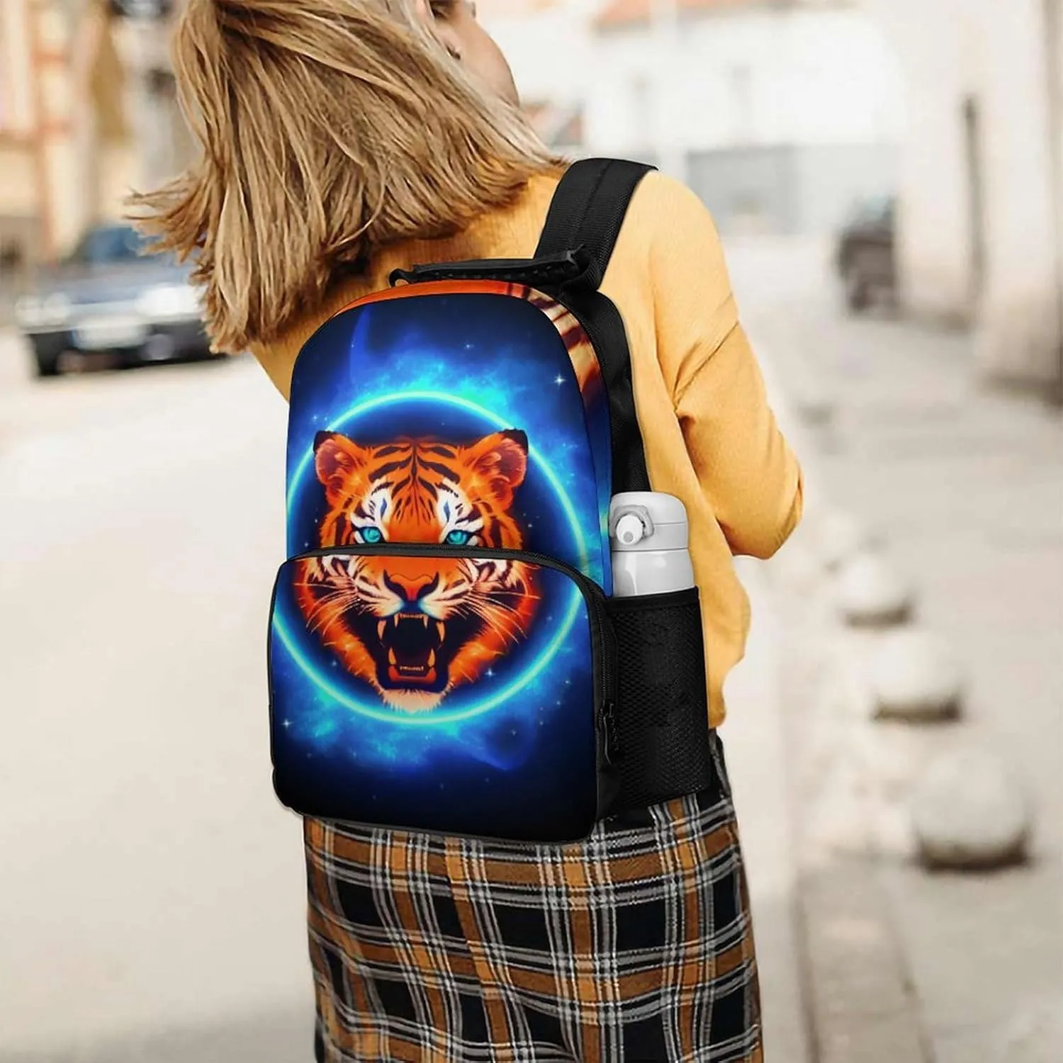 Women Men Polyester Space Tiger Psychedelic Blue Fire Art Casual Daypack Large Capacity Bookbag With Side Pockets for Sports Picnic Walking Cycling