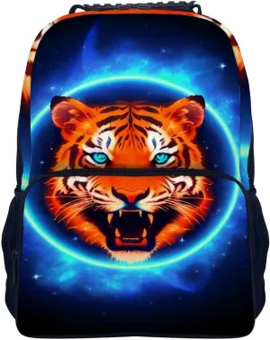 Women Men Polyester Space Tiger Psychedelic Blue Fire Art Casual Daypack Large Capacity Bookbag With Side Pockets for Sports Picnic Walking Cycling