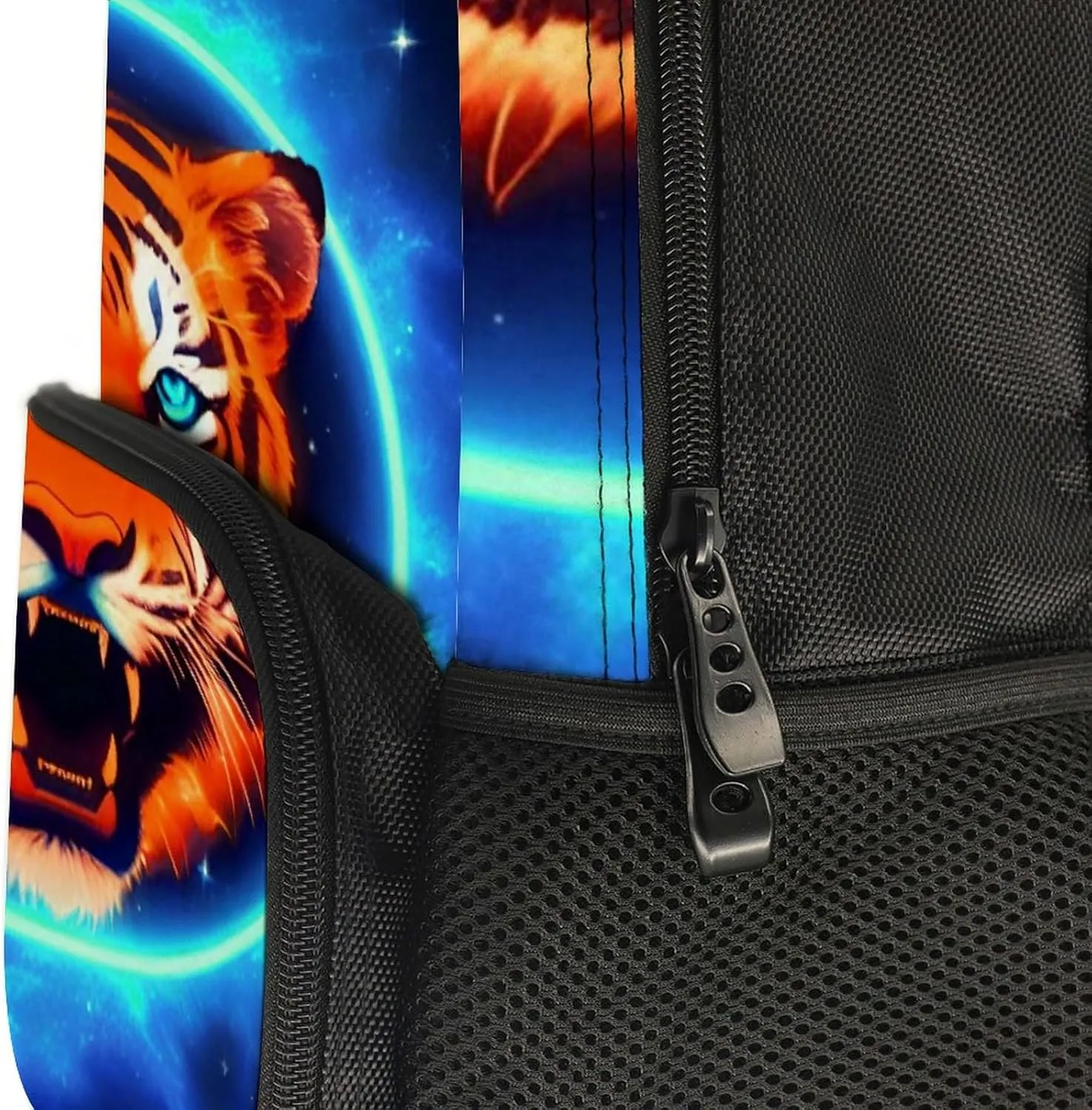 Women Men Polyester Space Tiger Psychedelic Blue Fire Art Casual Daypack Large Capacity Bookbag With Side Pockets for Sports Picnic Walking Cycling