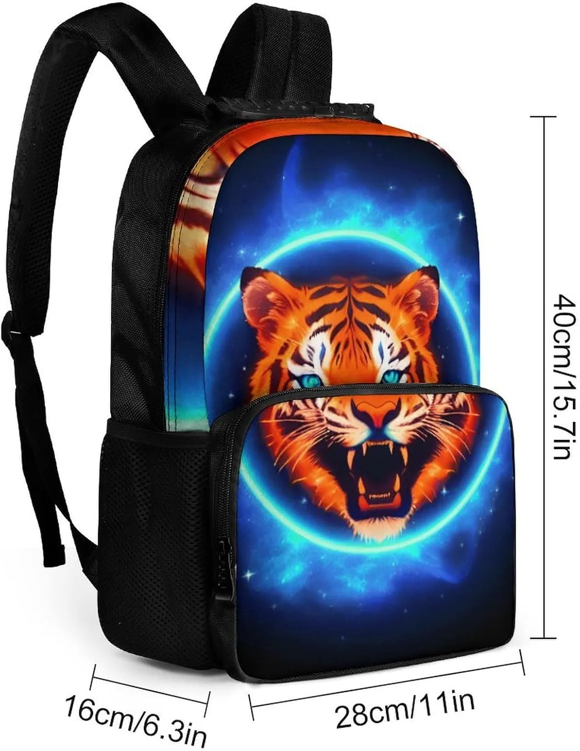 Women Men Polyester Space Tiger Psychedelic Blue Fire Art Casual Daypack Large Capacity Bookbag With Side Pockets for Sports Picnic Walking Cycling