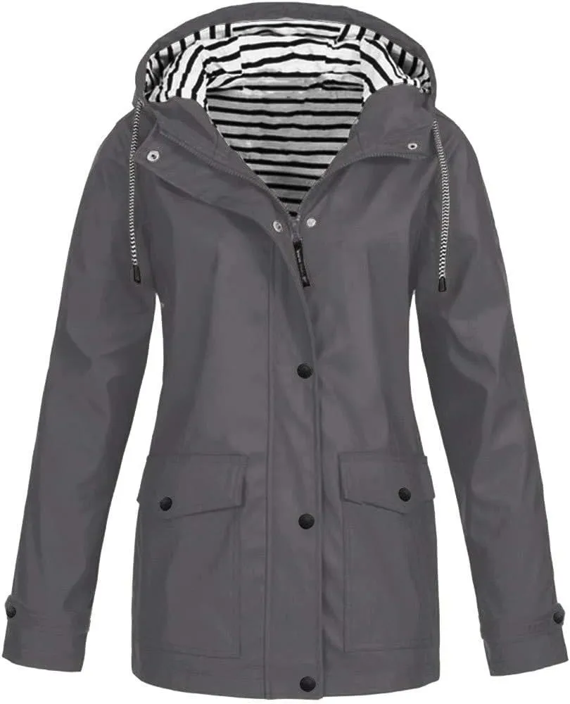 Womens Jacket Solid Hooded Jacket Windproof Outdoor Coat Plus Women's Coat Hooded Windbreaker Outdoor Trench Coat