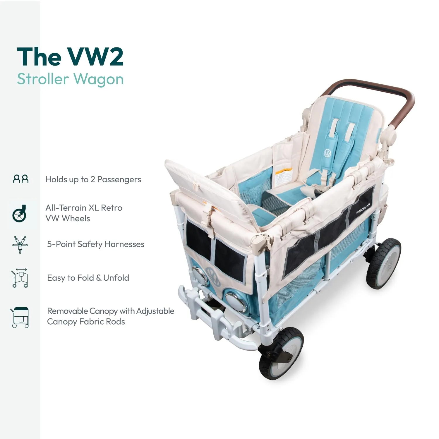 WONDERFOLD Volkswagen Stroller Wagon (2 Seater) - Collapsible Wagon Stroller with Classic VW Bumper, Headlights, and Retro All-Terrain XL Wheels, Bondi Blue