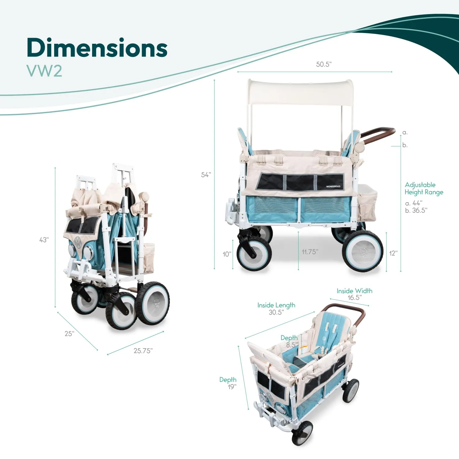 WONDERFOLD Volkswagen Stroller Wagon (2 Seater) - Collapsible Wagon Stroller with Classic VW Bumper, Headlights, and Retro All-Terrain XL Wheels, Bondi Blue