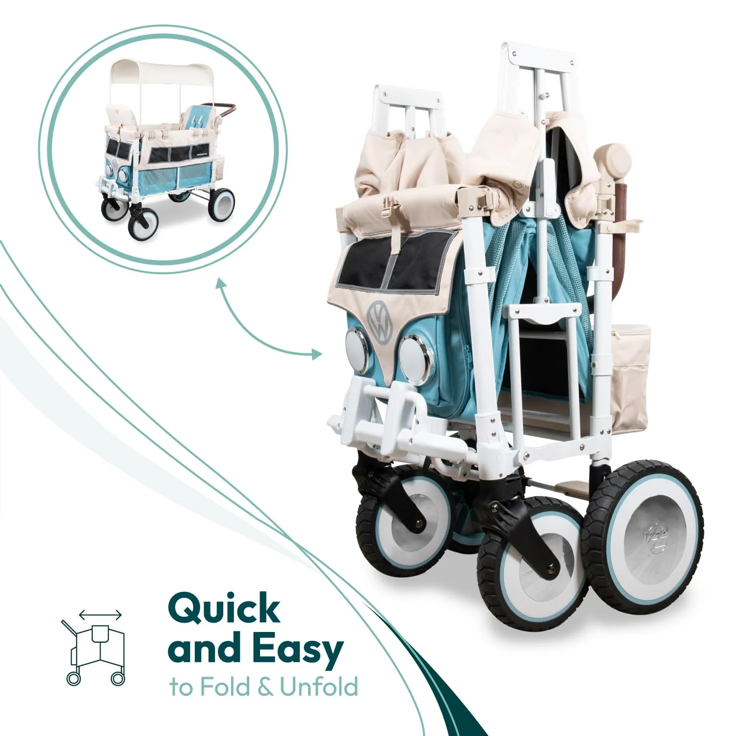 WONDERFOLD Volkswagen Stroller Wagon (2 Seater) - Collapsible Wagon Stroller with Classic VW Bumper, Headlights, and Retro All-Terrain XL Wheels, Bondi Blue