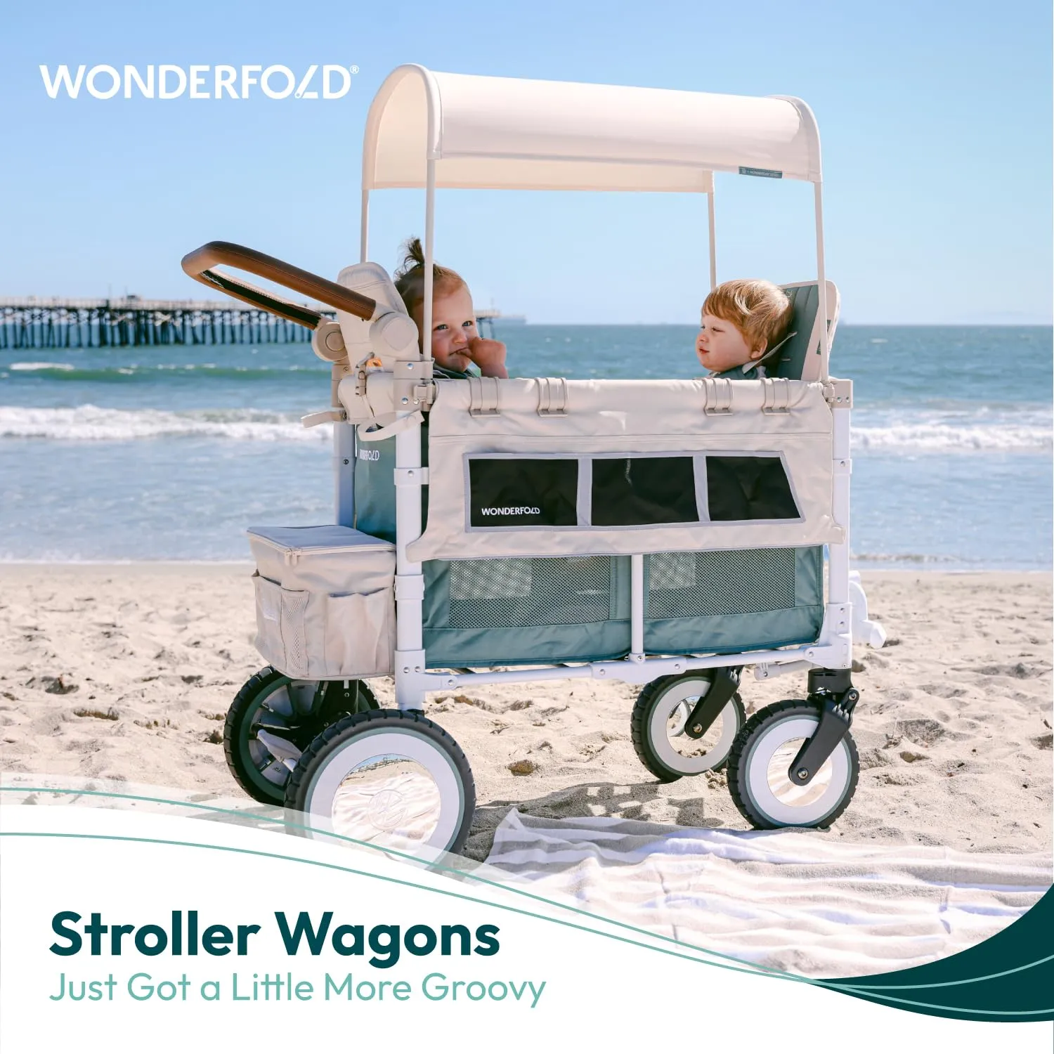 WONDERFOLD Volkswagen Stroller Wagon (2 Seater) - Collapsible Wagon Stroller with Classic VW Bumper, Headlights, and Retro All-Terrain XL Wheels, Sage Green