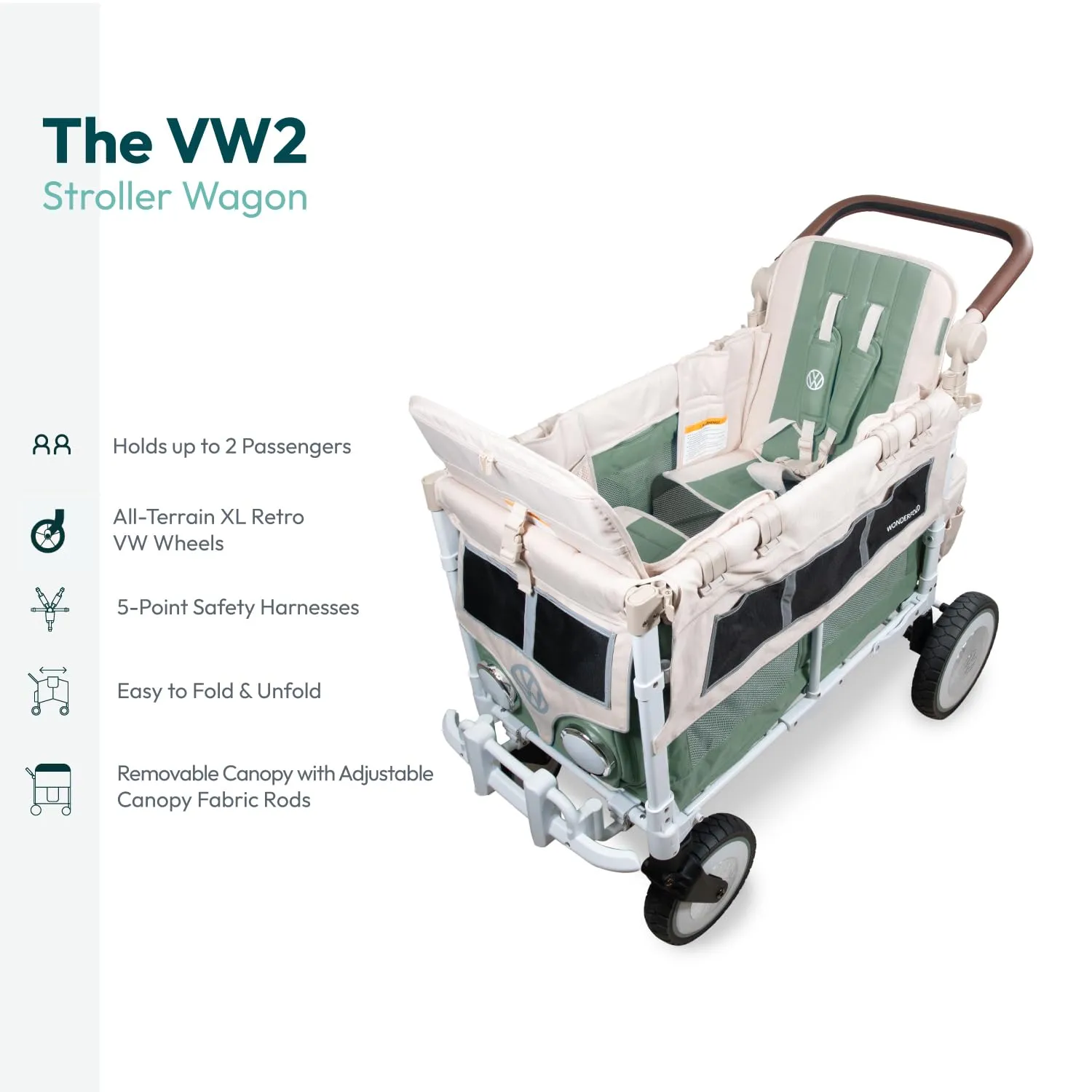 WONDERFOLD Volkswagen Stroller Wagon (2 Seater) - Collapsible Wagon Stroller with Classic VW Bumper, Headlights, and Retro All-Terrain XL Wheels, Sage Green
