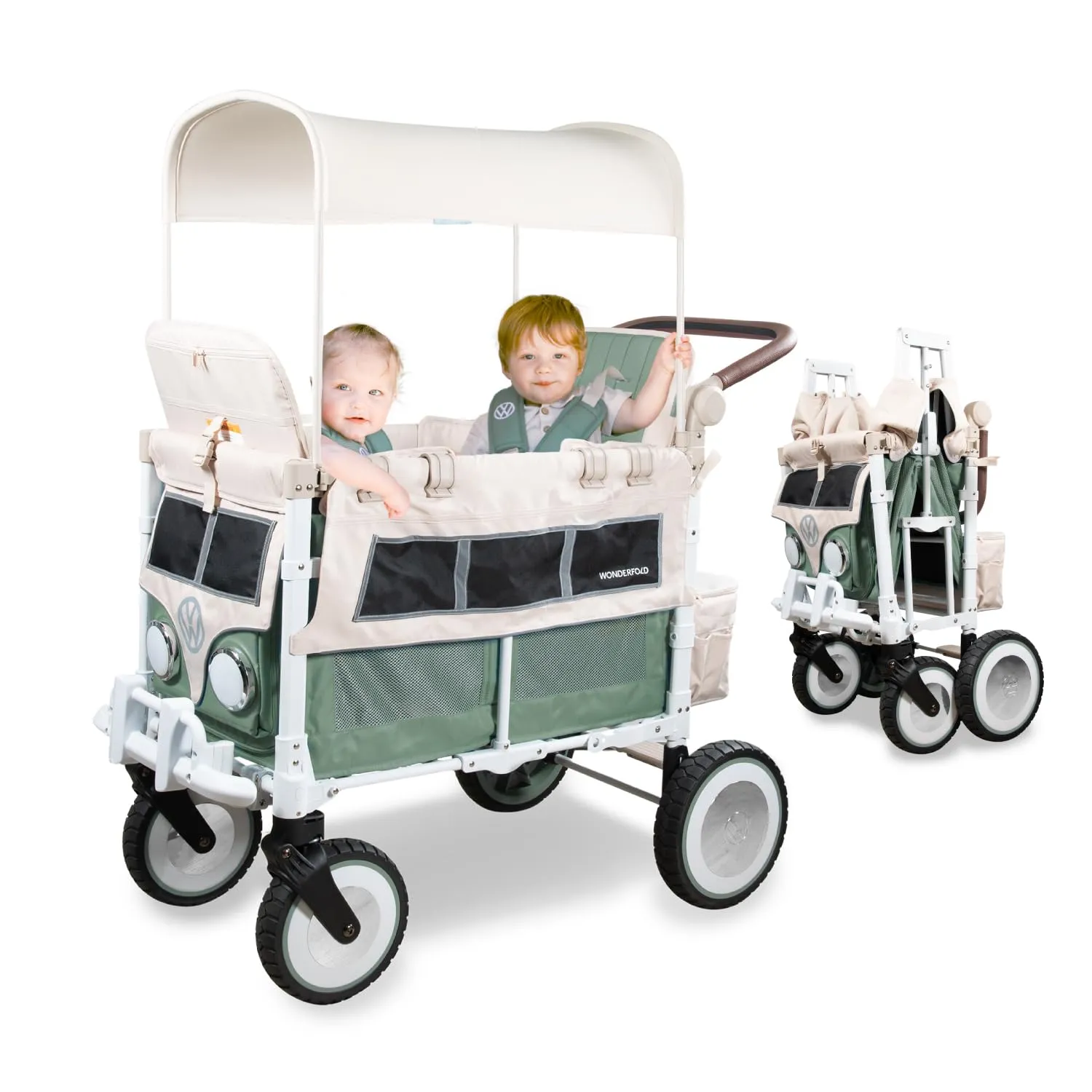 WONDERFOLD Volkswagen Stroller Wagon (2 Seater) - Collapsible Wagon Stroller with Classic VW Bumper, Headlights, and Retro All-Terrain XL Wheels, Sage Green
