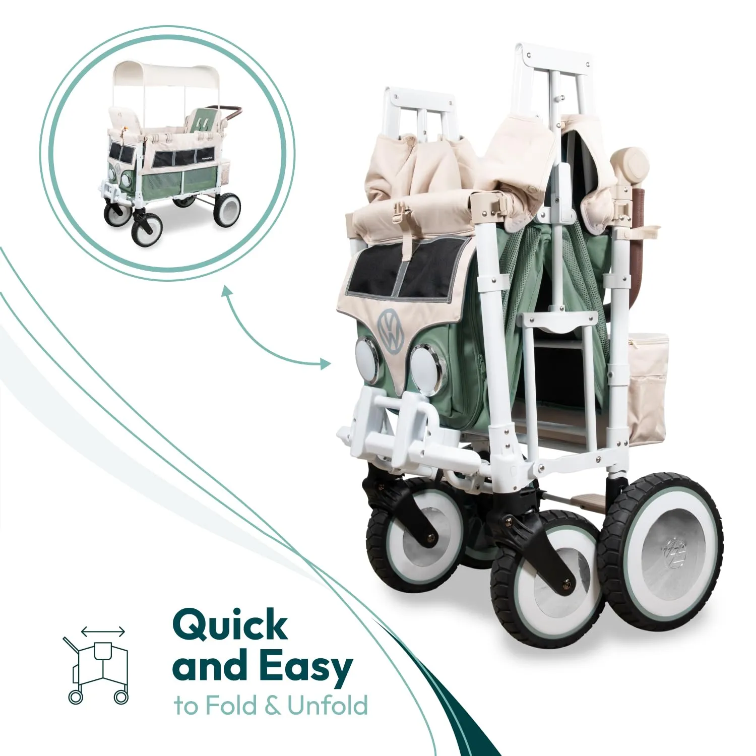 WONDERFOLD Volkswagen Stroller Wagon (2 Seater) - Collapsible Wagon Stroller with Classic VW Bumper, Headlights, and Retro All-Terrain XL Wheels, Sage Green