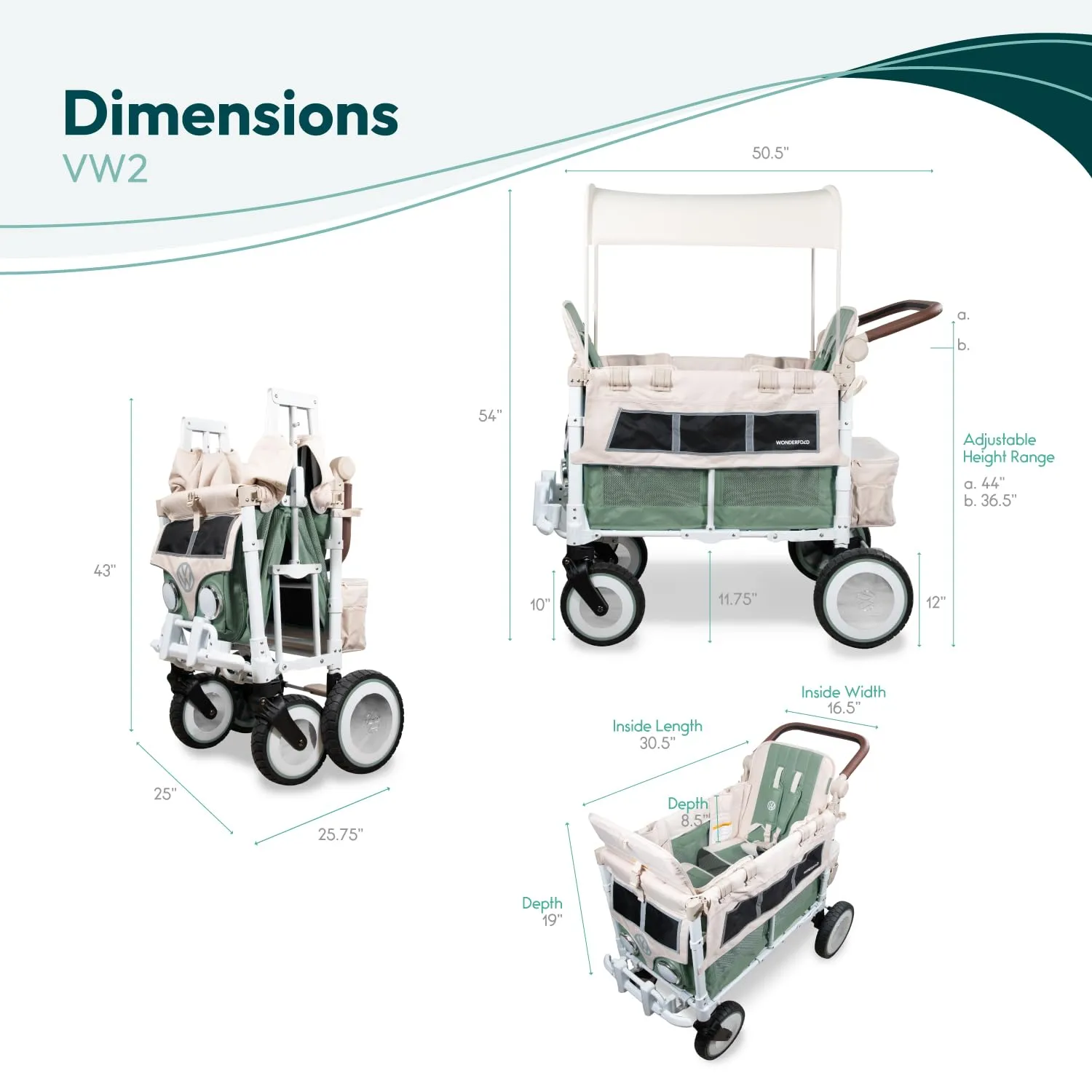WONDERFOLD Volkswagen Stroller Wagon (2 Seater) - Collapsible Wagon Stroller with Classic VW Bumper, Headlights, and Retro All-Terrain XL Wheels, Sage Green