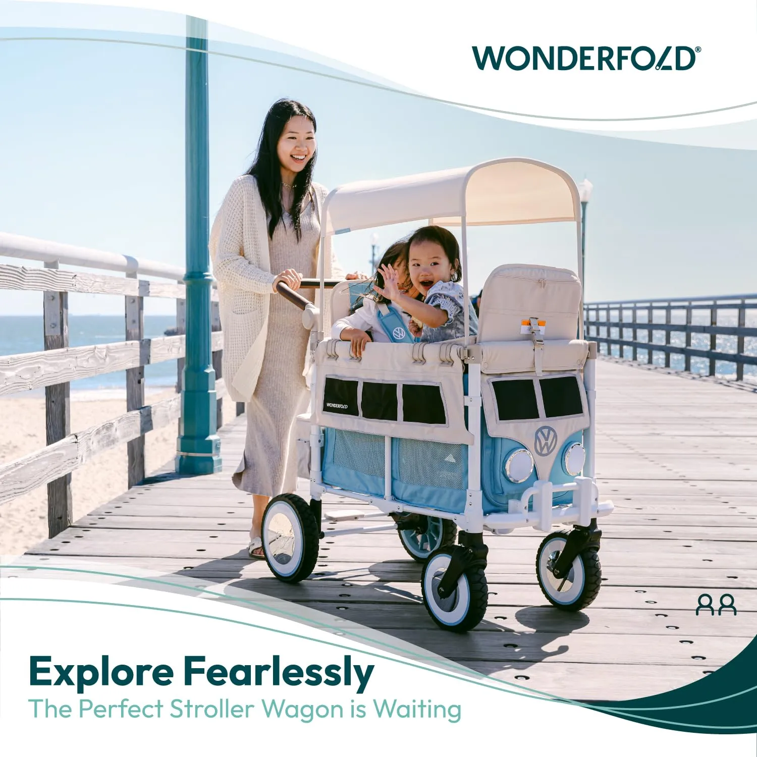 WONDERFOLD Volkswagen Stroller Wagon (2 Seater) - Collapsible Wagon Stroller with Classic VW Bumper, Headlights, and Retro All-Terrain XL Wheels, Sage Green