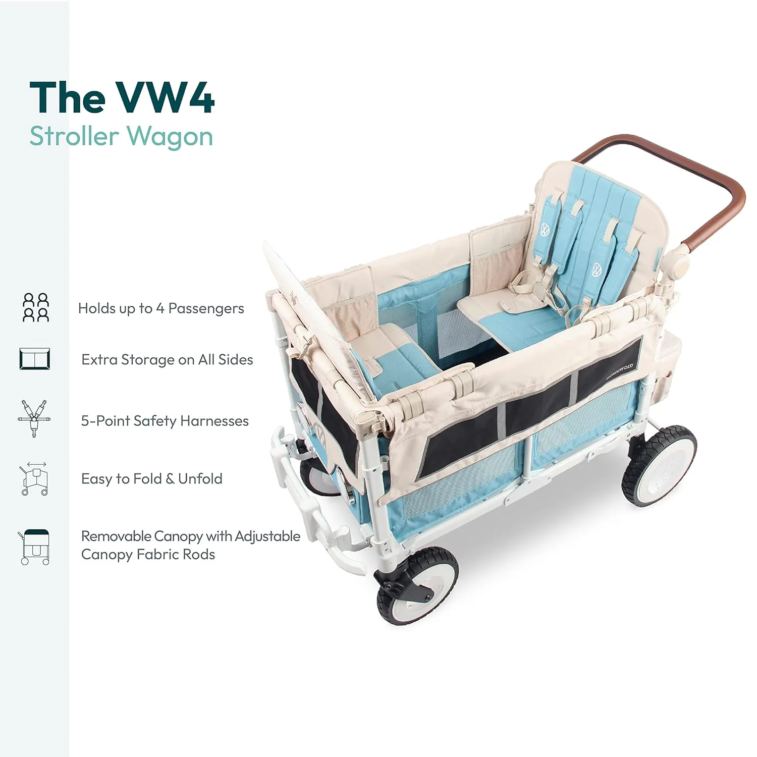 WONDERFOLD Volkswagen Stroller Wagon (4 Seater) - Collapsible Wagon Stroller with VW Bumper, Functioning Headlights, and All-Terrain XL Wheels