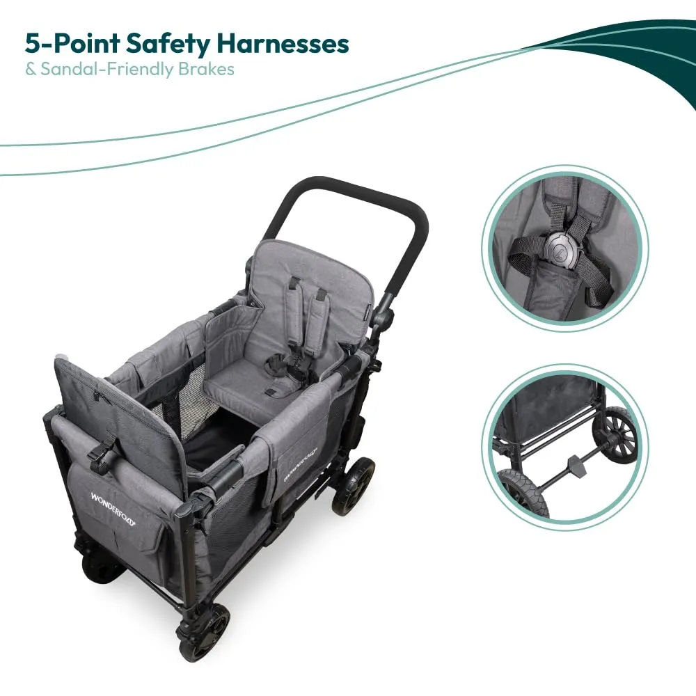 WONDERFOLD W2 Elite Pro Stroller Wagon (2 Seater) - Collapsible Wagon Stroller with Seats with 5-Point Harnesses, Adjustable Push Handle, and Adjustable Sun Canopy, Charcoal Gray