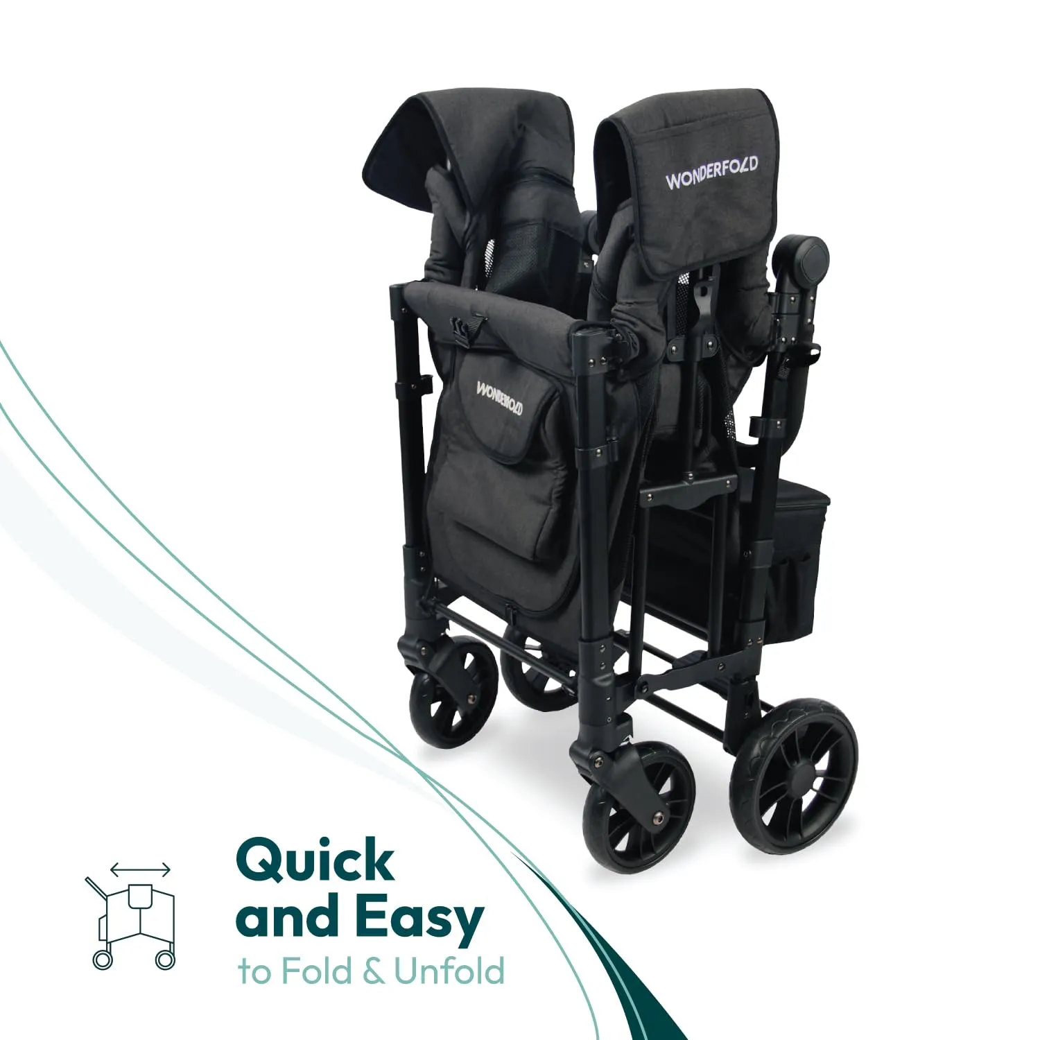 WONDERFOLD W2 Elite Stroller Wagon (2 Seater) - Collapsible Wagon Stroller with Seats with 5-Point Harnesses, Adjustable Push Handle, and Adjustable Sun Canopy, Elite Black