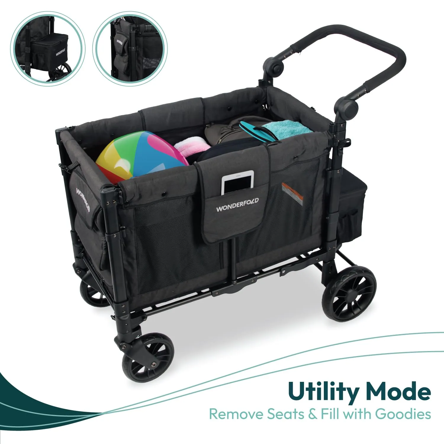 WONDERFOLD W2 Elite Stroller Wagon (2 Seater) - Collapsible Wagon Stroller with Seats with 5-Point Harnesses, Adjustable Push Handle, and Adjustable Sun Canopy, Elite Black