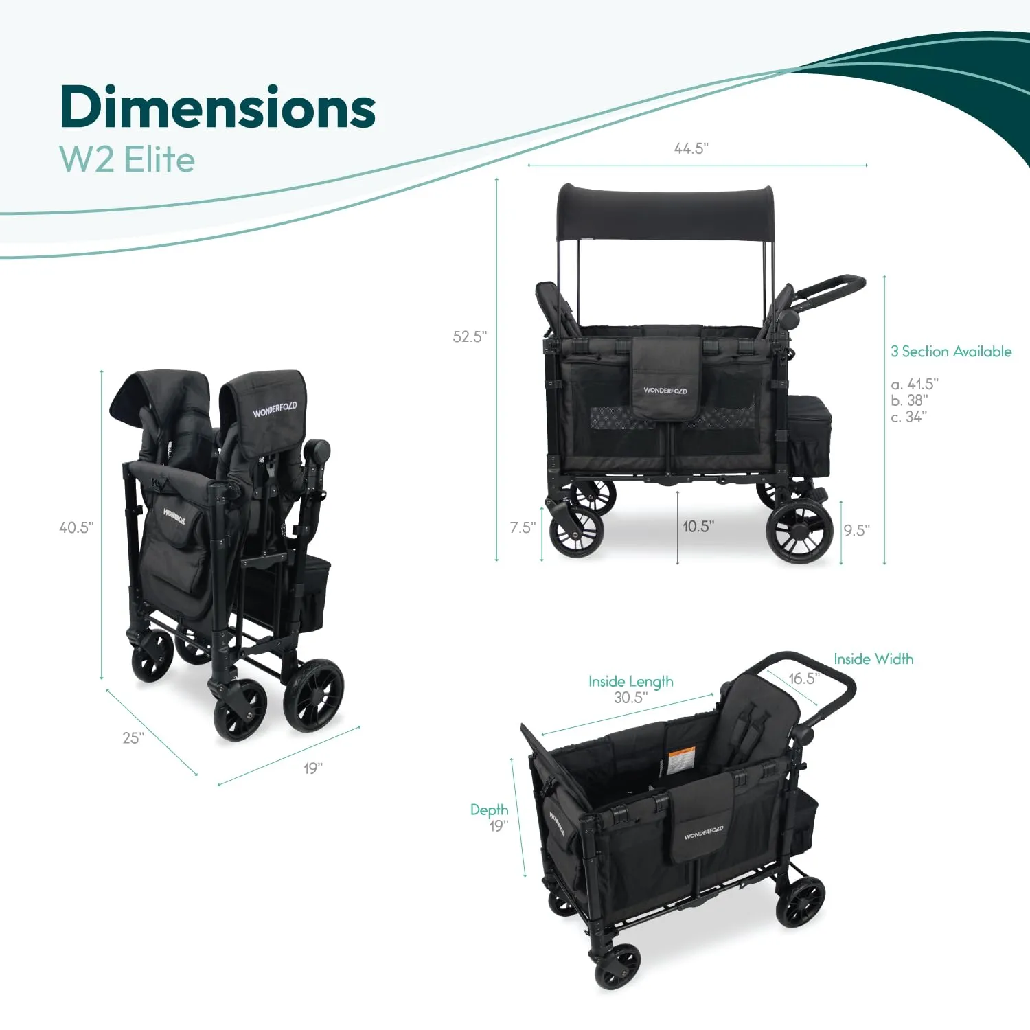 WONDERFOLD W2 Elite Stroller Wagon (2 Seater) - Collapsible Wagon Stroller with Seats with 5-Point Harnesses, Adjustable Push Handle, and Adjustable Sun Canopy, Elite Black