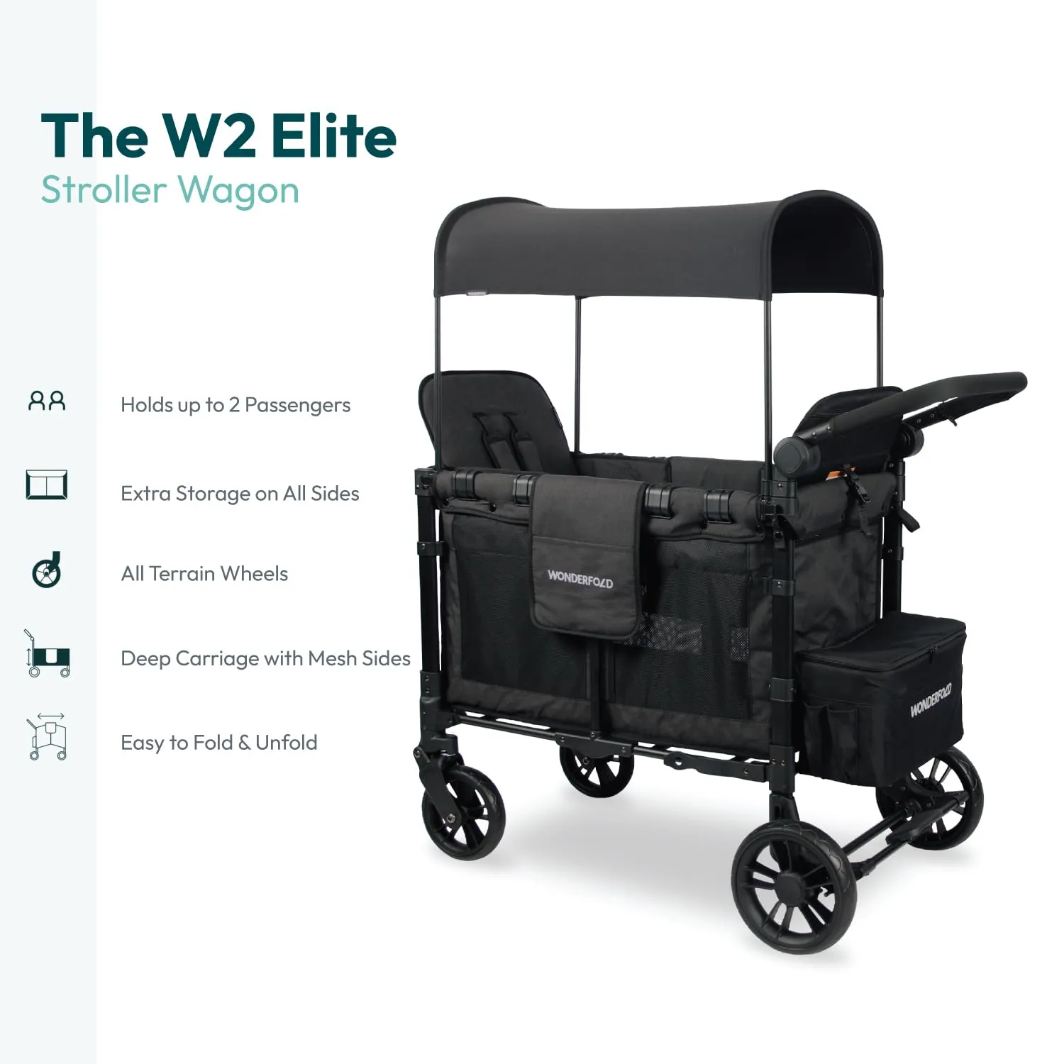 WONDERFOLD W2 Elite Stroller Wagon (2 Seater) - Collapsible Wagon Stroller with Seats with 5-Point Harnesses, Adjustable Push Handle, and Adjustable Sun Canopy, Elite Black