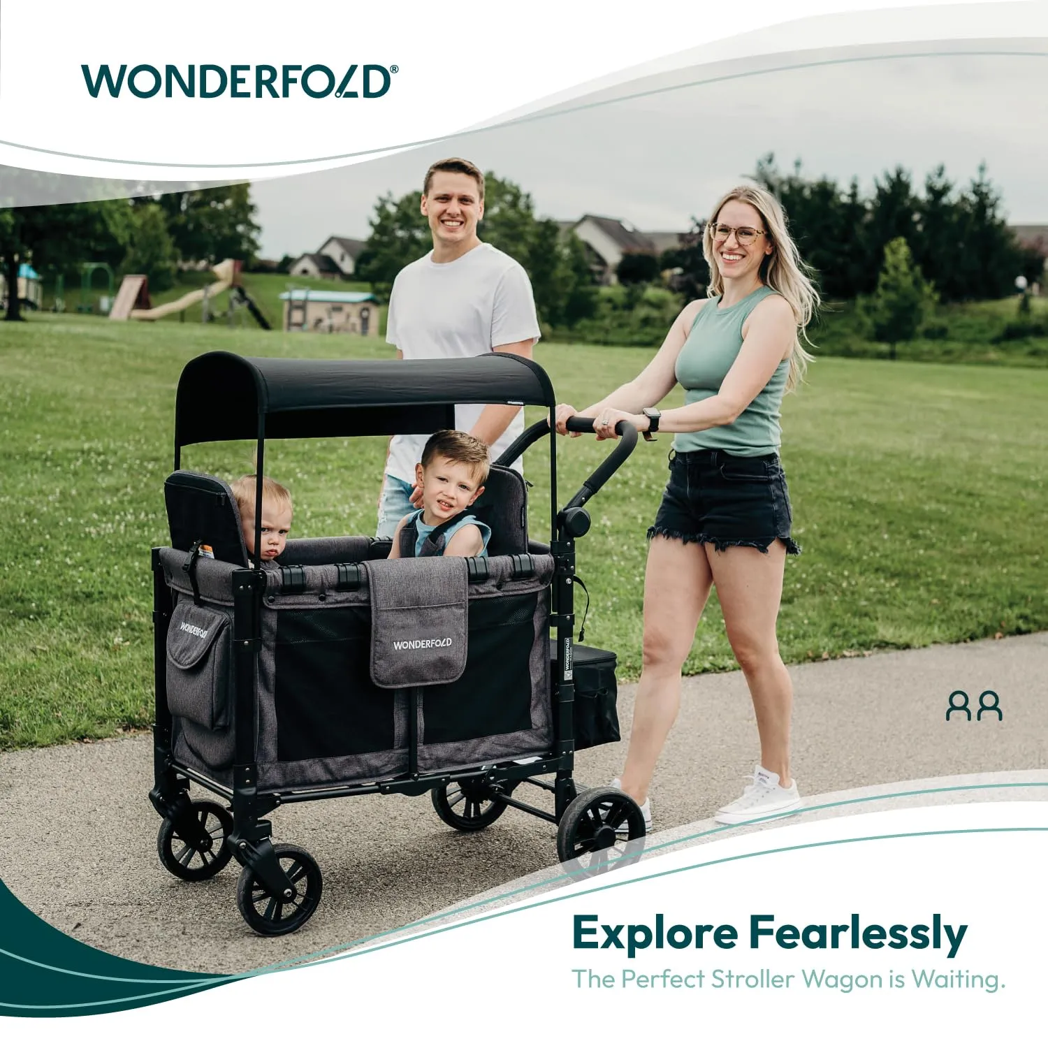 WONDERFOLD W2 Elite Stroller Wagon (2 Seater) - Collapsible Wagon Stroller with Seats with 5-Point Harnesses, Adjustable Push Handle, and Adjustable Sun Canopy, Elite Black