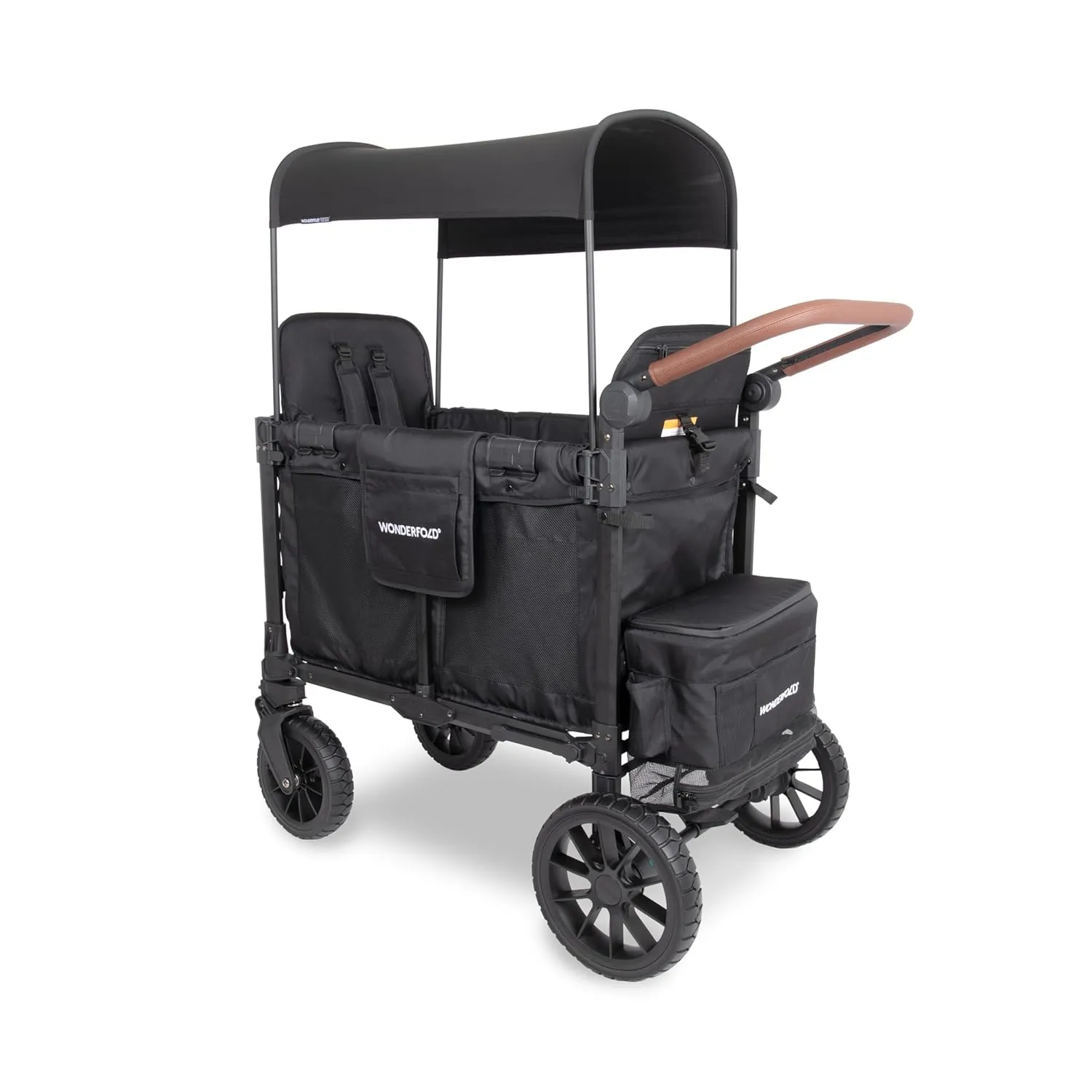 WONDERFOLD W2 Luxe Pro Stroller Wagon (2 Seater) - Collapsible Wagon Stroller with Seats Featuring 5-Point Safety Harnesses and Adjustable Sun Canopy, Jet Black