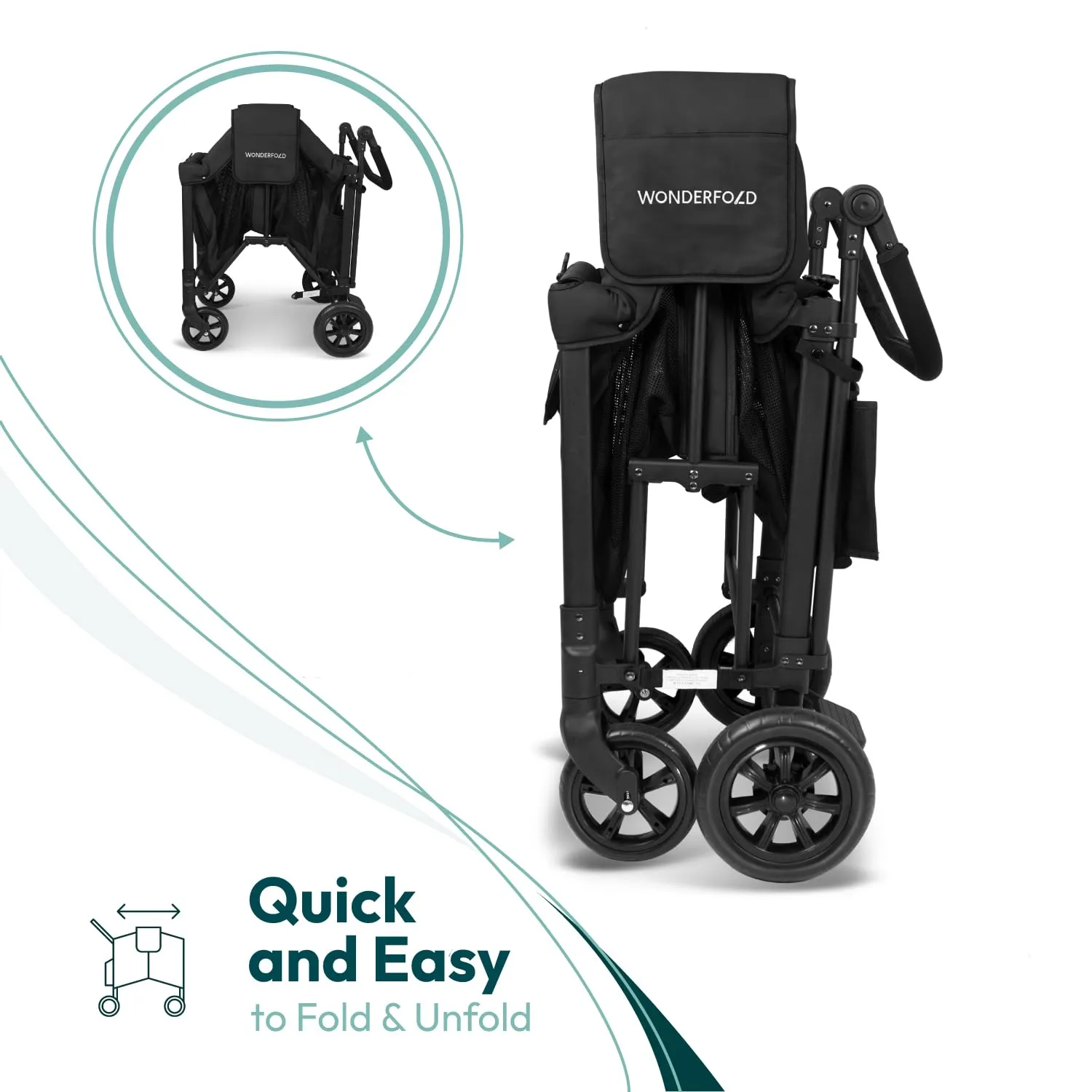 WONDERFOLD W2 Original   Stroller Wagon (2 Seater) - Collapsible Wagon Stroller with Seats with 5-Point Harnesses, Easy-Access Door, and Adjustable Sun Canopy, Black