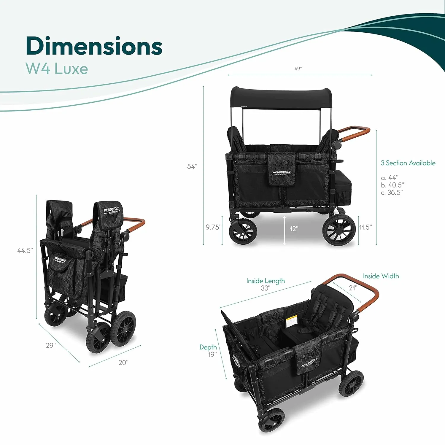 WONDERFOLD W4 Luxe Stroller Wagon (4 Seater) - Collapsible Wagon Stroller with Seats with Magnetic Buckle 5-Point Harnesses & Sun Canopy, Elite Black Camo