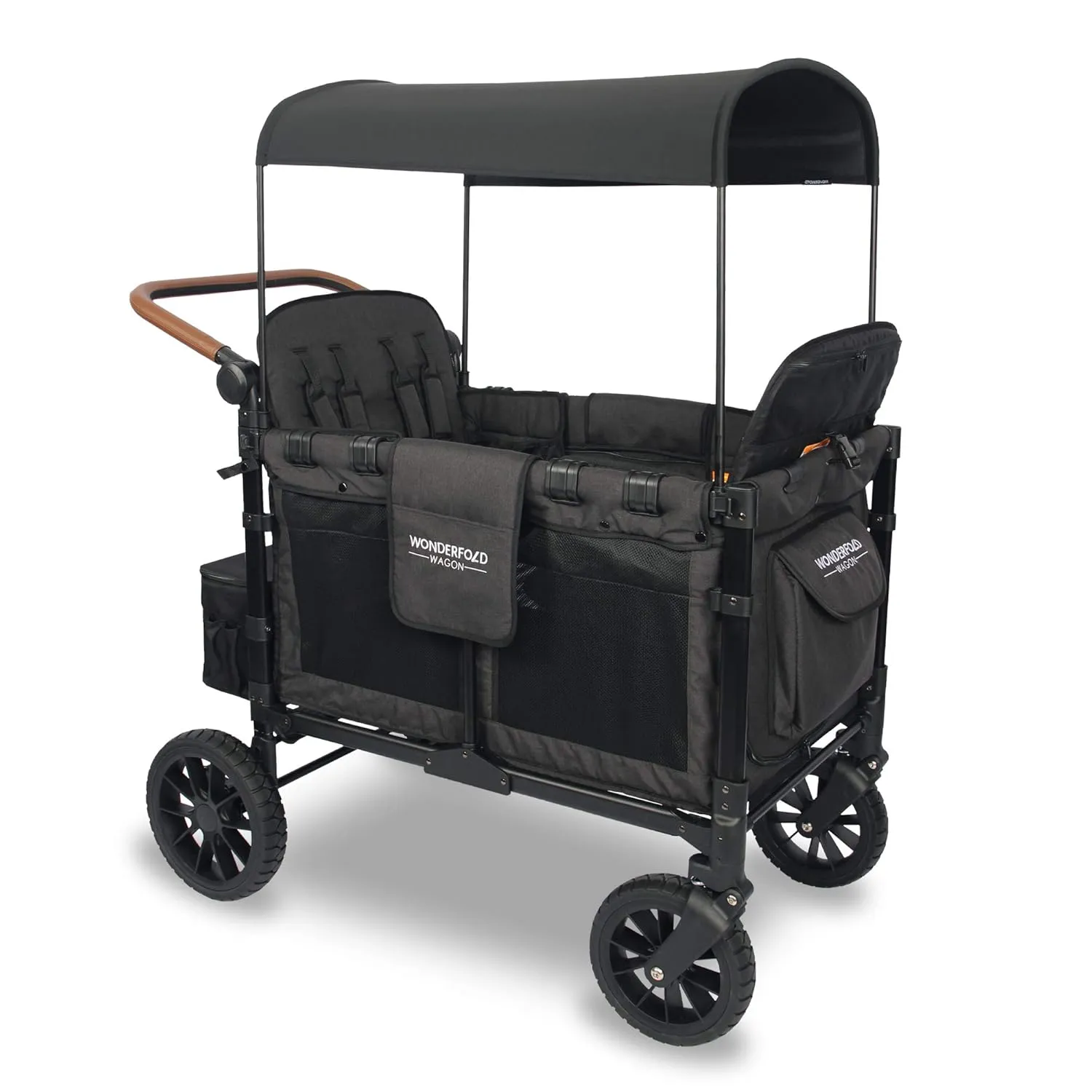 WONDERFOLD W4 Luxe Stroller Wagon (4 Seater) - Collapsible Wagon Stroller with Seats with Magnetic Buckle 5-Point Harnesses and Sun Canopy, Black