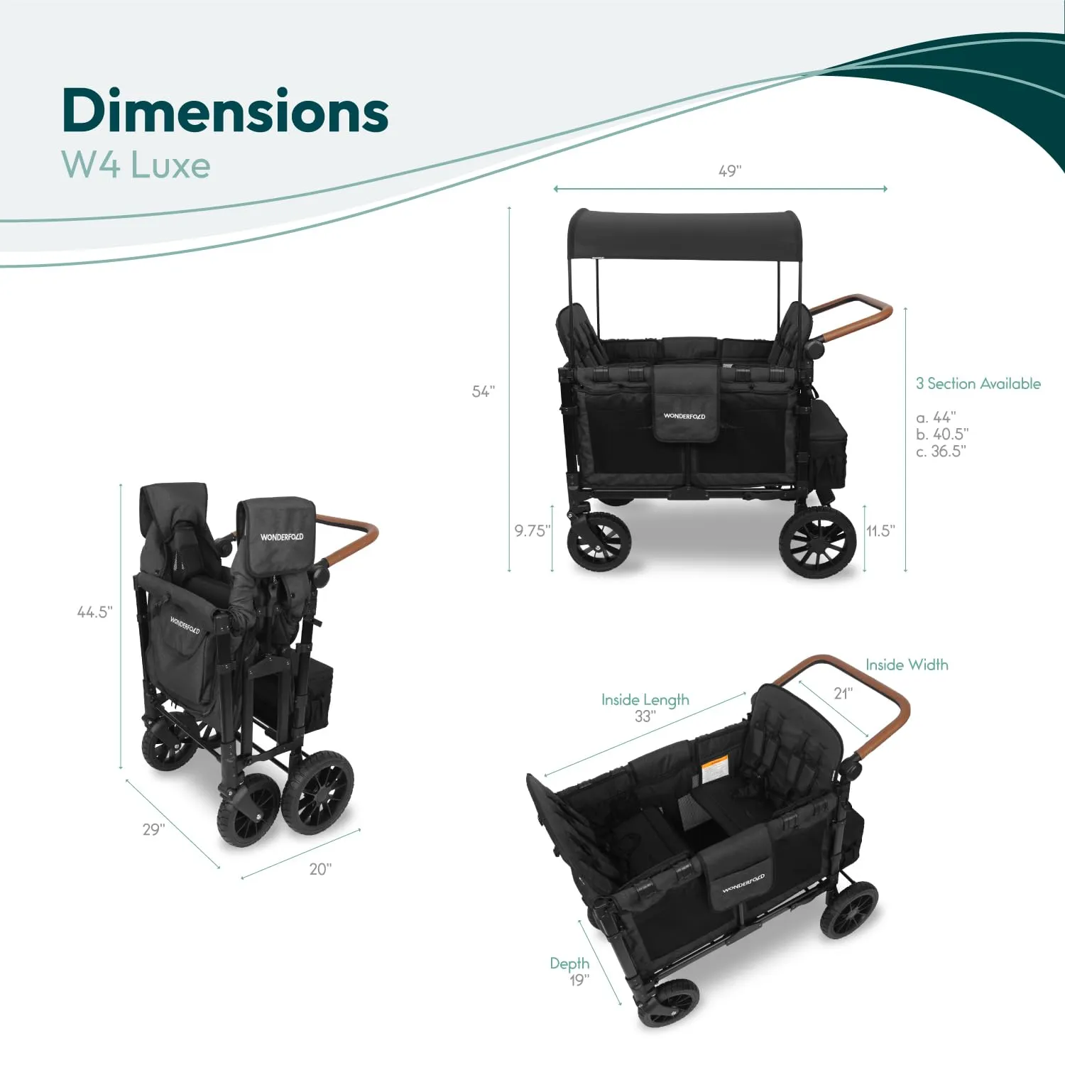WONDERFOLD W4 Luxe Stroller Wagon (4 Seater) - Collapsible Wagon Stroller with Seats with Magnetic Buckle 5-Point Harnesses and Sun Canopy, Black