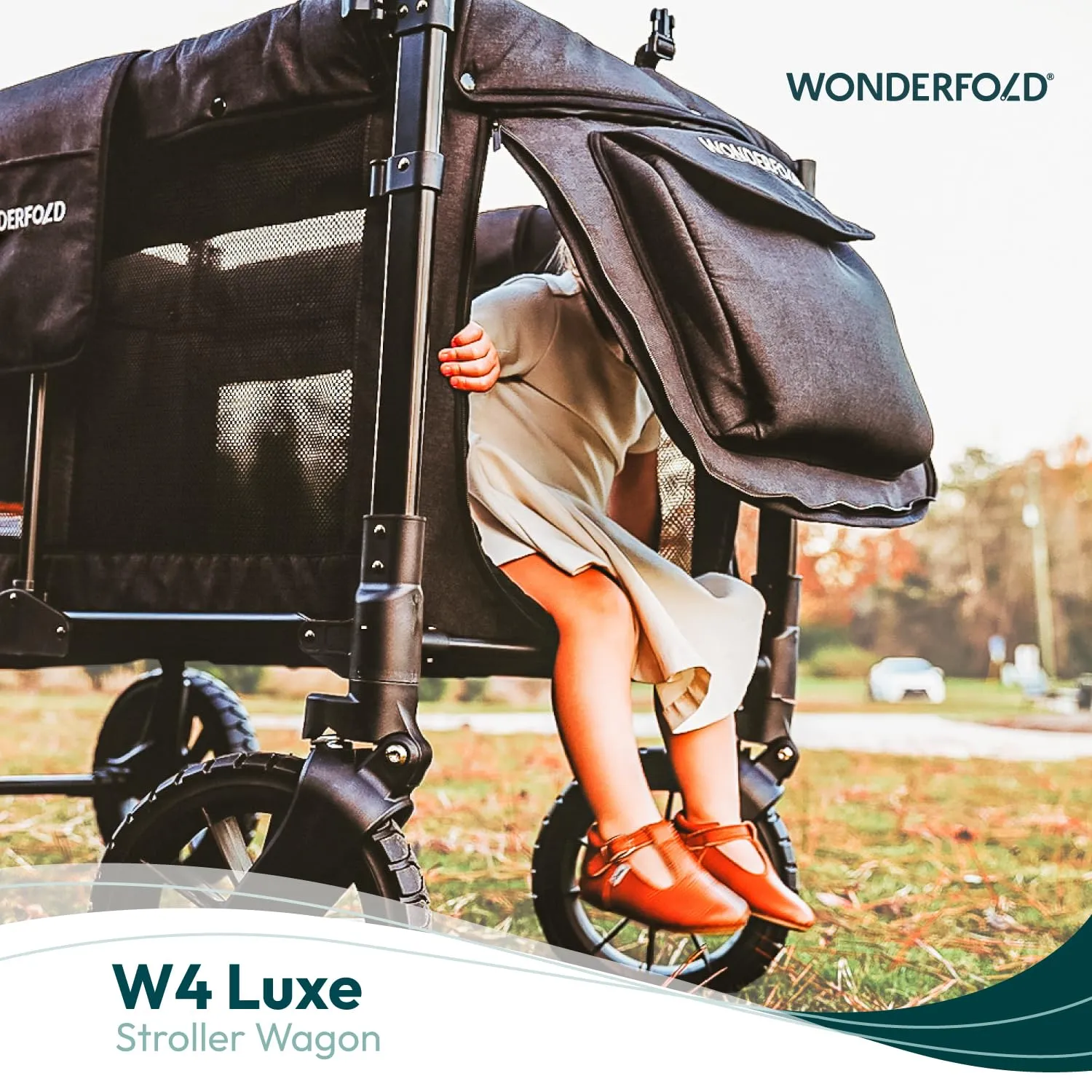 WONDERFOLD W4 Luxe Stroller Wagon (4 Seater) - Collapsible Wagon Stroller with Seats with Magnetic Buckle 5-Point Harnesses and Sun Canopy, Black
