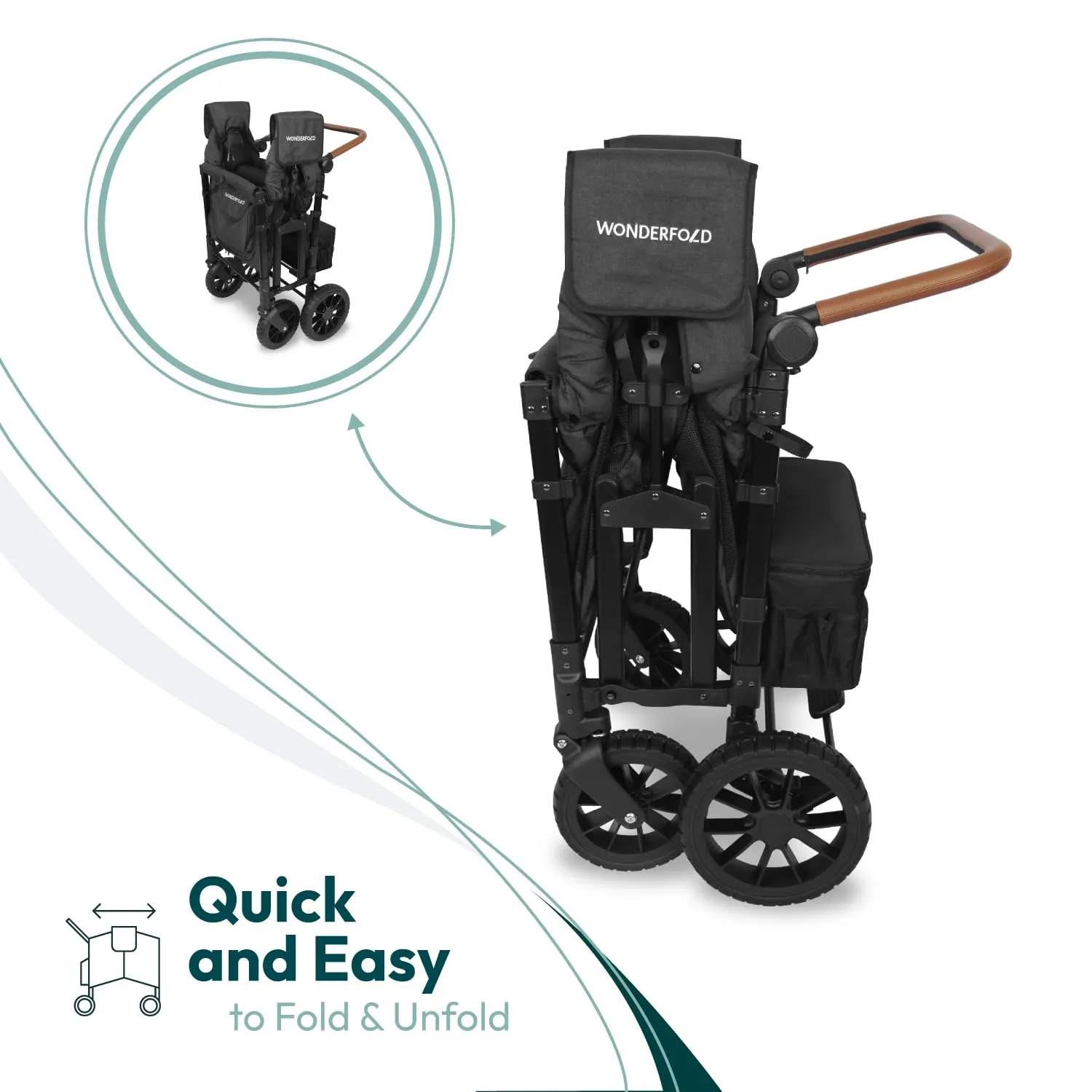 WONDERFOLD W4 Luxe Stroller Wagon (4 Seater) - Collapsible Wagon Stroller with Seats with Magnetic Buckle 5-Point Harnesses and Sun Canopy, Black