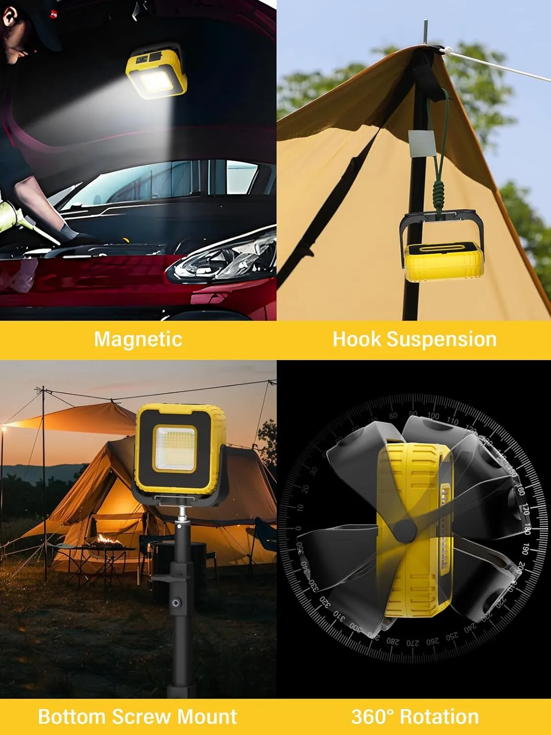 Working Lights, Portable LED Work Light Spotlight 3000mAh Rechargeable Dual Light Source with SOS Light Dimmable Cordless Magnetic Worklight COB Floodlight for Camping Garage Repair Hiking