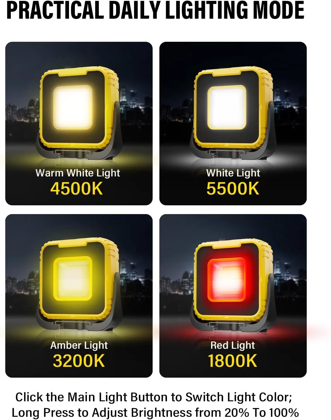 Working Lights, Portable LED Work Light Spotlight 3000mAh Rechargeable Dual Light Source with SOS Light Dimmable Cordless Magnetic Worklight COB Floodlight for Camping Garage Repair Hiking