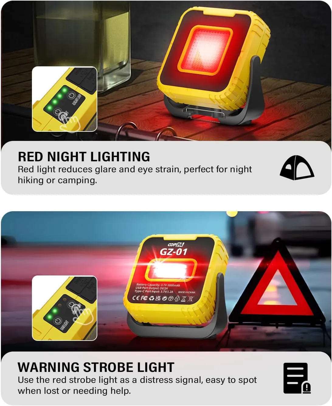 Working Lights, Portable LED Work Light Spotlight 3000mAh Rechargeable Dual Light Source with SOS Light Dimmable Cordless Magnetic Worklight COB Floodlight for Camping Garage Repair Hiking