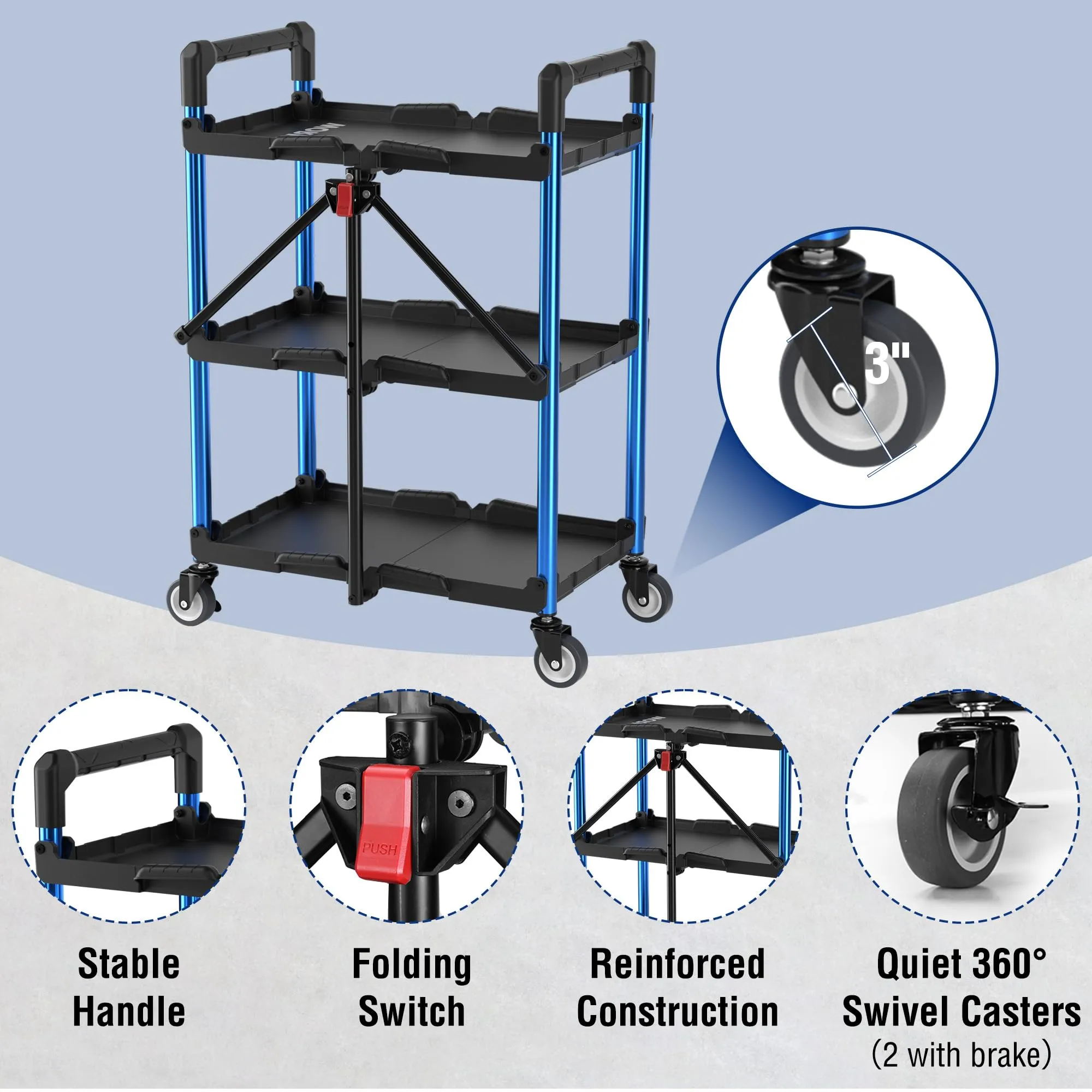 WORKPRO 3-Tier Collapsible Service Cart, 210 LBS Foldable Utility Service Cart with Wheels, Portable Tool Cart for Garage, Warehouse, Home, Restaurant, Office (No Assembly Required)