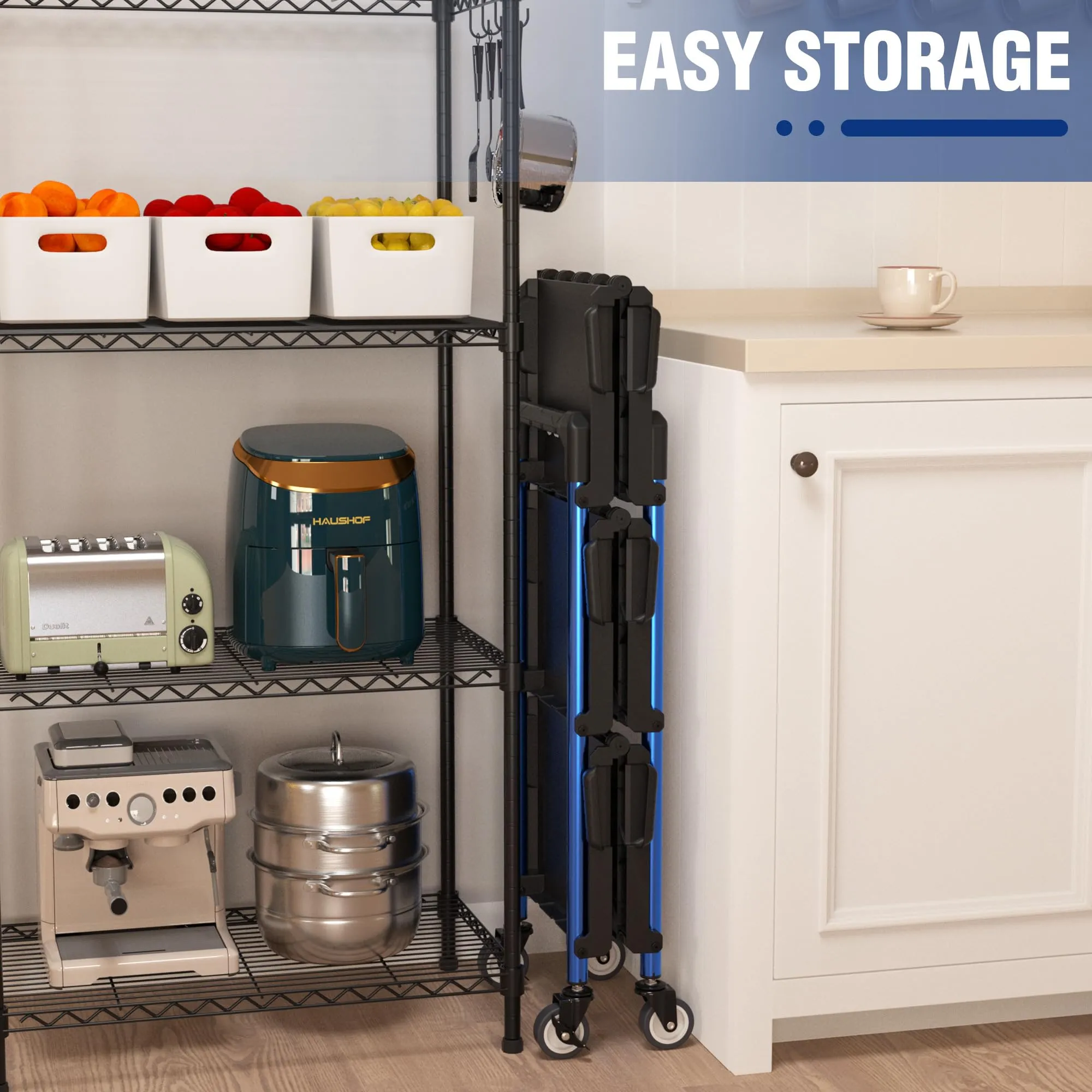 WORKPRO 3-Tier Collapsible Service Cart, 210 LBS Foldable Utility Service Cart with Wheels, Portable Tool Cart for Garage, Warehouse, Home, Restaurant, Office (No Assembly Required)