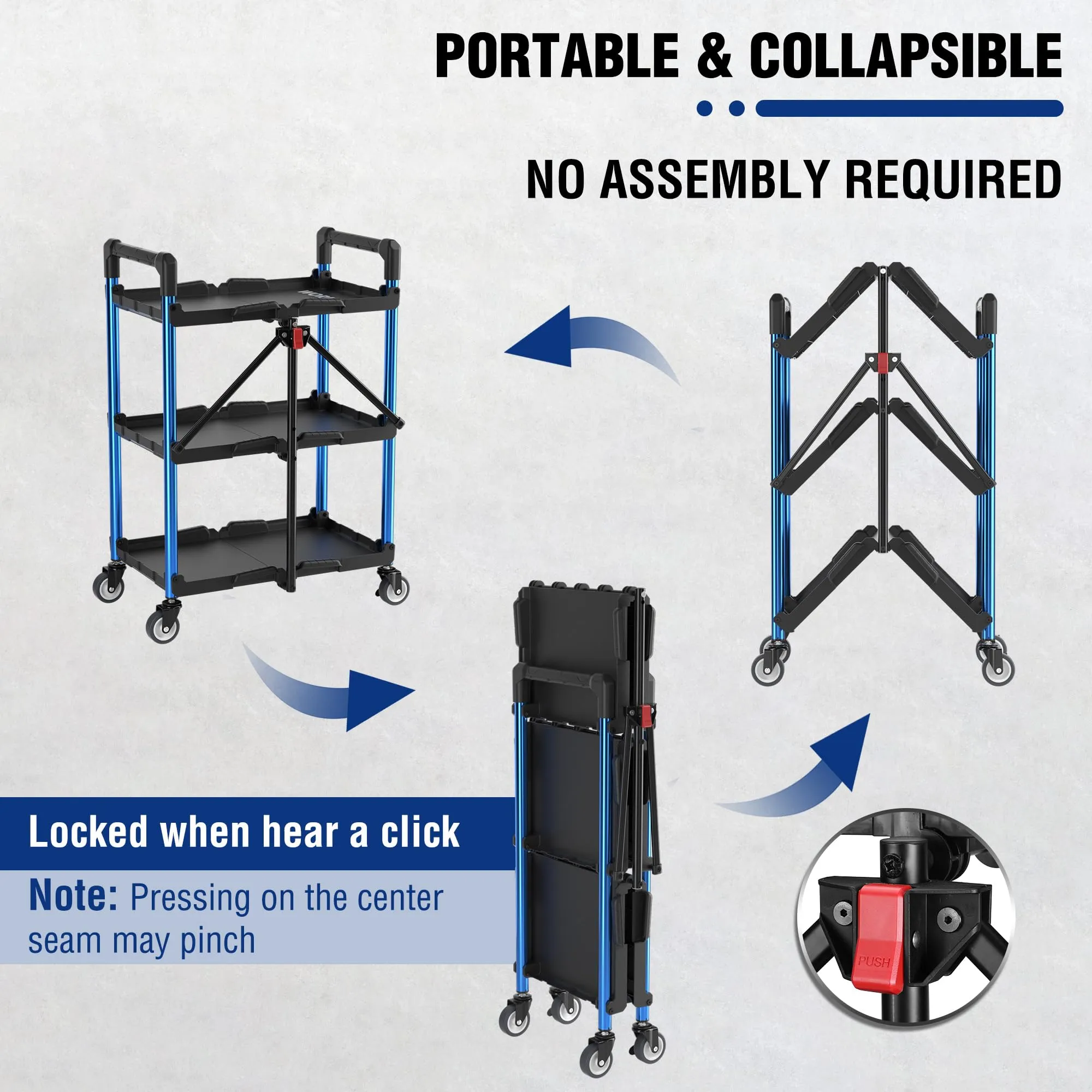 WORKPRO 3-Tier Collapsible Service Cart, 210 LBS Foldable Utility Service Cart with Wheels, Portable Tool Cart for Garage, Warehouse, Home, Restaurant, Office (No Assembly Required)